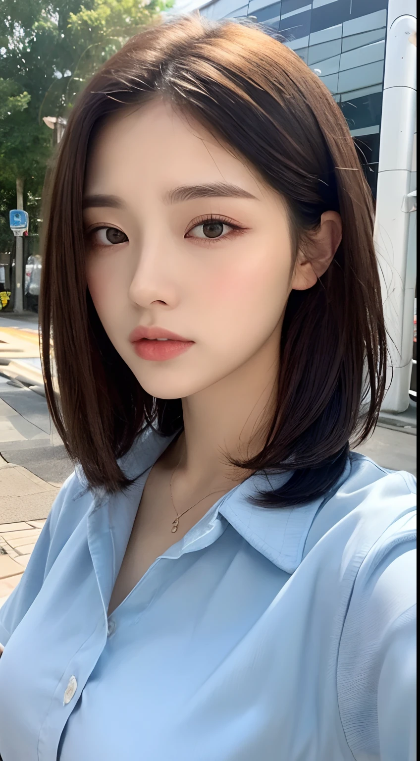 ((Best quality, 8k, Masterpiece :1.3)), Sharp focus :1.2, A pretty woman with perfect figure :1.4, Slender abs :1.2, ((Dark brown hair, Big breasts :1.2)), (Natural light, City street:1.1), Highly detailed face and skin texture, Detailed eyes, Double eyelid,short cut hair, (beautiful detailed makeup), (sexually aroused blushing heavy breathing:1.0), (soft glow bloom:0.5),mole under eye:1.4,upper body,smile:1.2