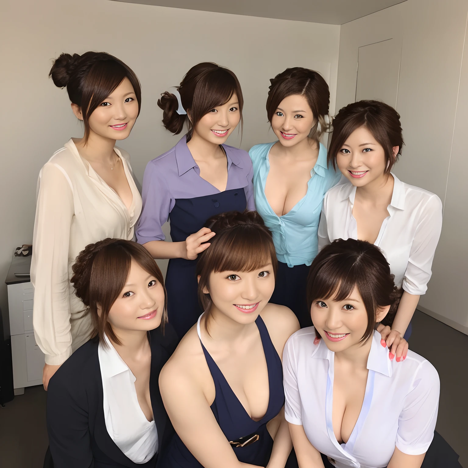 group picture,multiple japanese women,japanese, cute women, 5girls,looking at viewer ,realistic,shiny skin,(office lady),business suit,cleavage,(beautiful face:1.1),(masterpiece, high quality:1.2) medium breasts, motherly, porcelain skin, hair, very long hair, wavy hair,mature female, smile, (hime cut|half updo|bob cut| short cut| double buns hair| braided bun| french braid|cone hair bun| big hair| braid ponytail| hair bun| pony tail| twin tail), flower ornament hair