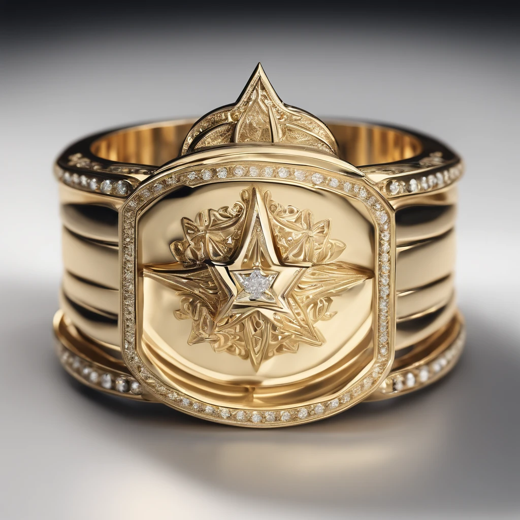 （（Ring design concept art）），Yellow gold ring，（Ring concept blueprint），Engraved with a five-pointed star，（exquisite craft），Hemming，Natural sunlight，Shining Effect