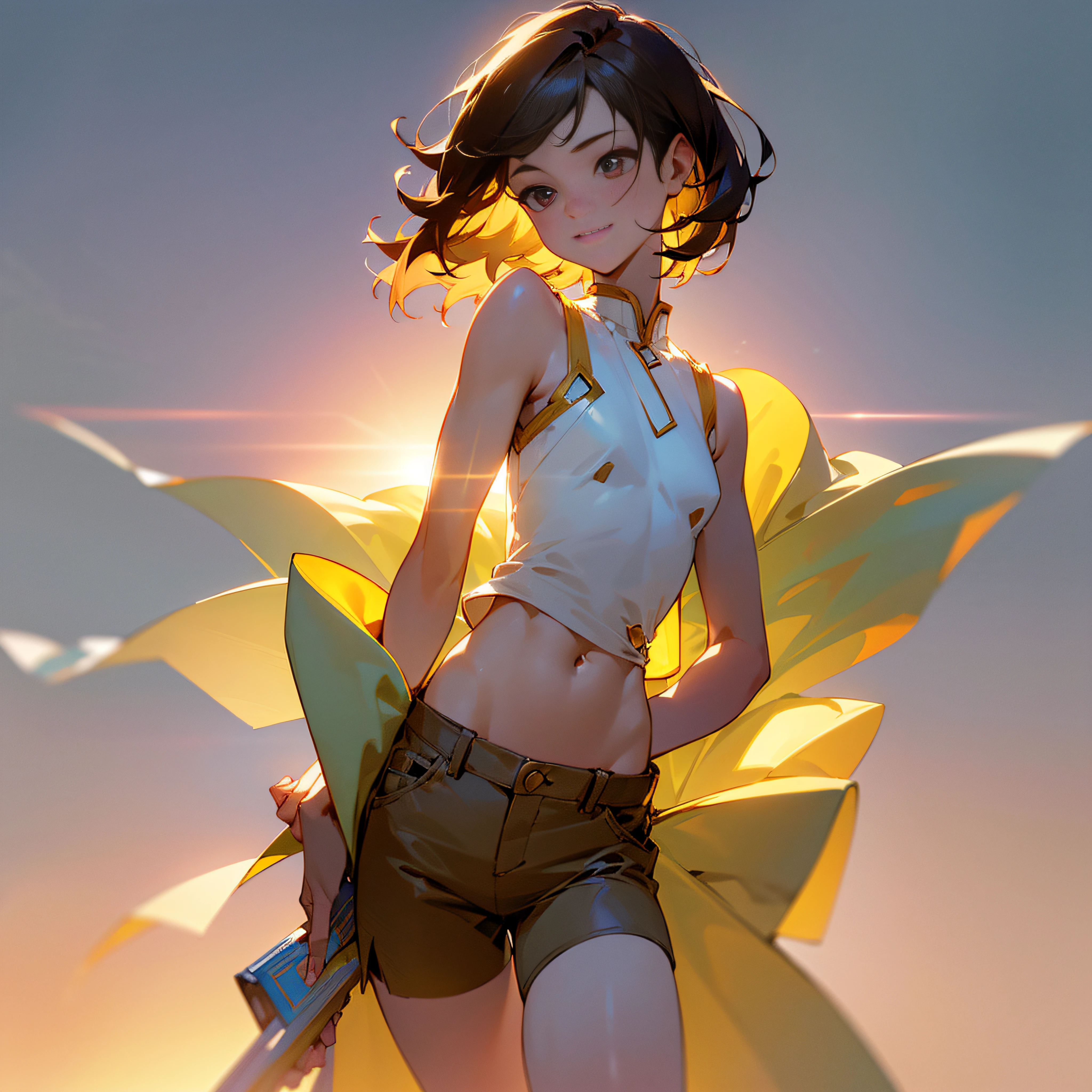 ((mid-chest, Tomboy, small head)), Daylight, Sunlight, (well-defined abs: 1.1), (Perfect body: 1.1), (short wavy hair: 1.2), Russet Hair, Full-body photos, Crowded streets, Wearing a white vest, ((Shorts)), (Very detailed CG 8k wallpaper), (Extremely delicate and beautiful), (masutepiece), (Best Quality: 1.0), (Ultra-high resolution: 1.0), Beautiful lighting, Perfect Lightning, Realistic Shadows, [High resolution], Delicate skin, Ultra-detailed, Charming smile --auto