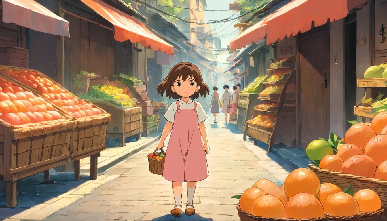 Little girl standing in the street，There are two baskets of grapefruit in front，The background is the market