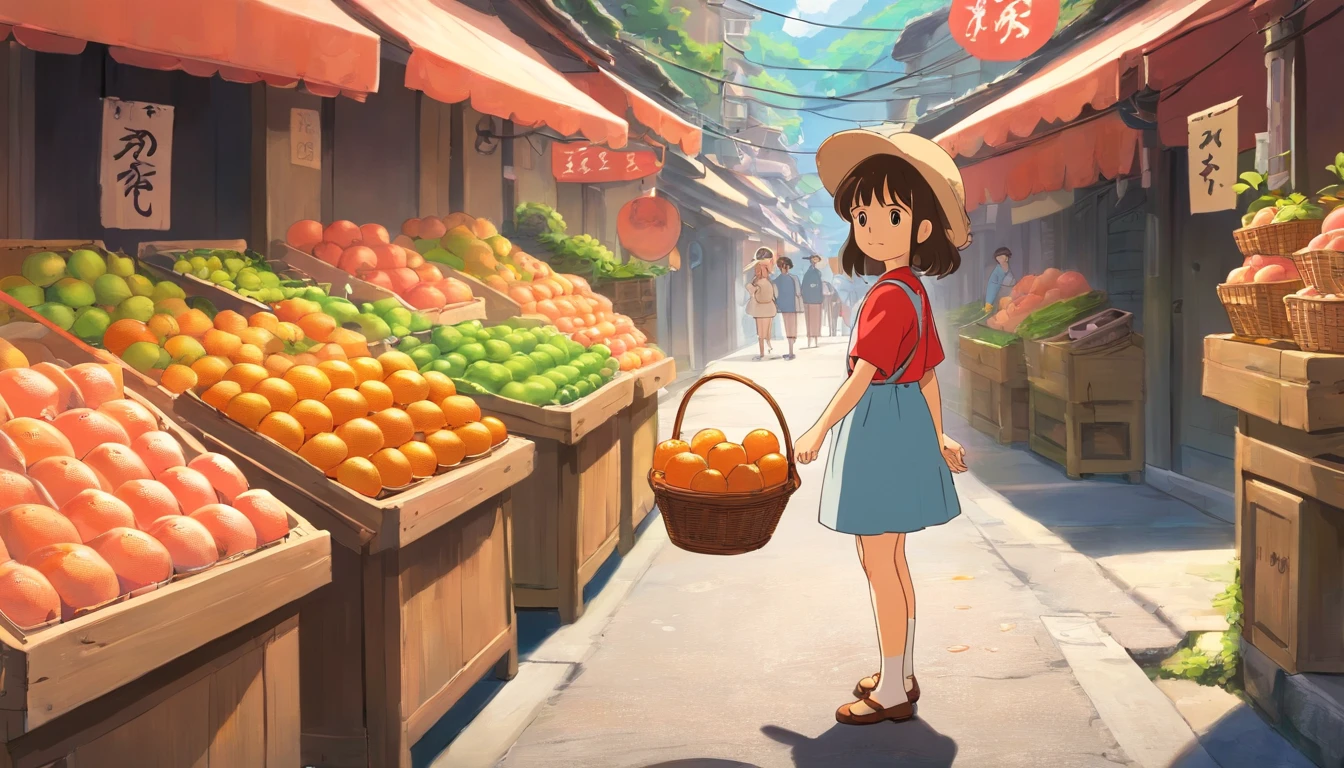 girl standing in the street,There are two baskets of grapefruit in front,The background is the market