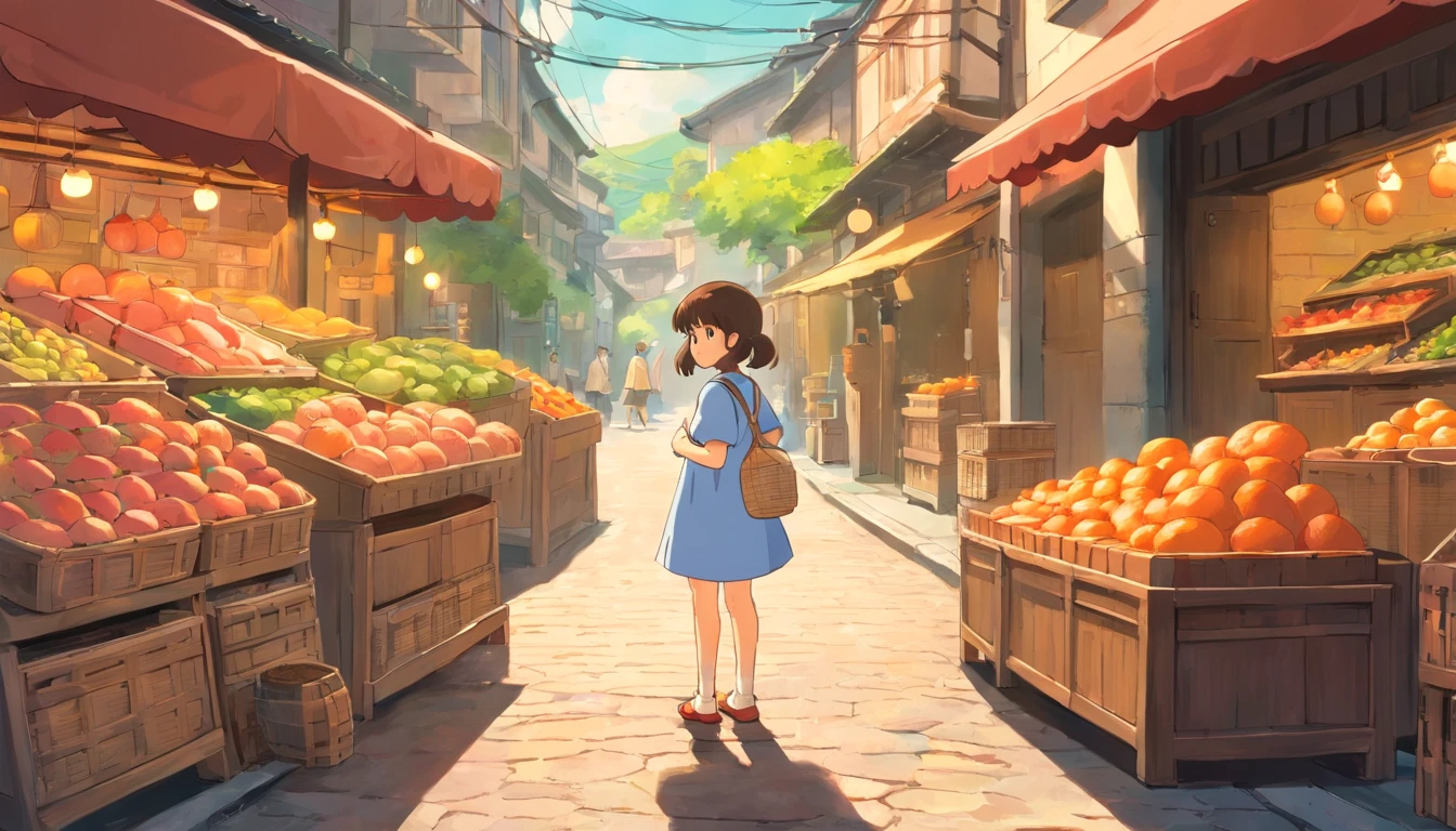 girl standing in the street,There are two baskets of grapefruit in front,The background is the market