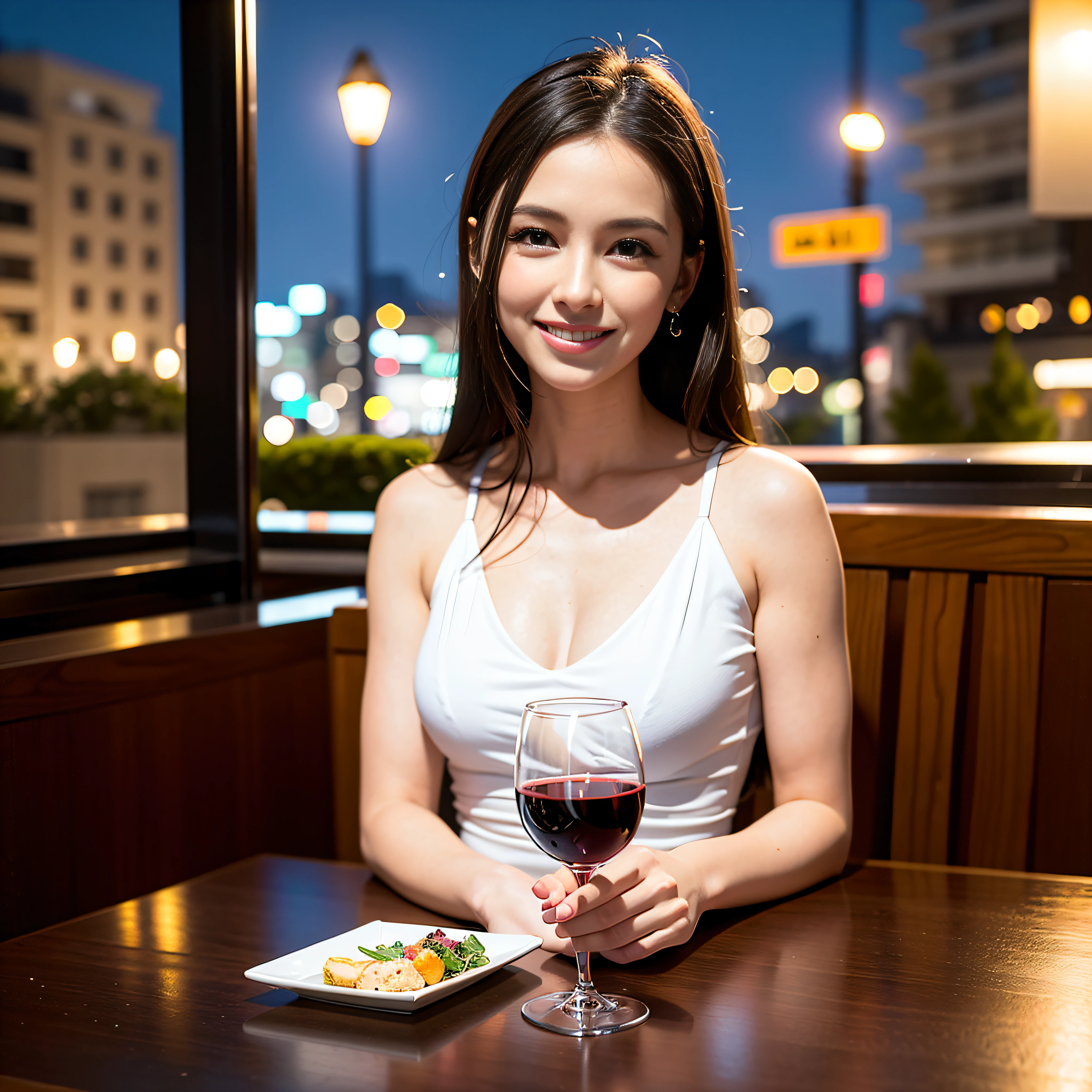 (64K, UHD, top quality, masterpiece: 1.2), (realistic, photorealistic: 1.37), super detailed, pretty woman 1 person, (slim face), (slim body), (brown hair), (short cut), cheeks slightly blushing, (44 years old), 38 years old, solo, beautiful detailed urban night view outside the window, restaurant, wine glasses sit, at night, in a prominent placeNovaFrogStyle, Actress, Model, Waist Up, White Wine, Slim, Wine Glass, Super Clean Night View, Wine Glass Put in the Middle, Happy Smile, (Smile: 1.15), Beautiful Fine Eyes, Upper Body, Bust Japan Up, Night, Short, Short, Actress, Model, Waist Up, White Wine, Slim, Wine Glass, Super Clean Night View, Wine Glass Put in the Middle, Happy Smile,