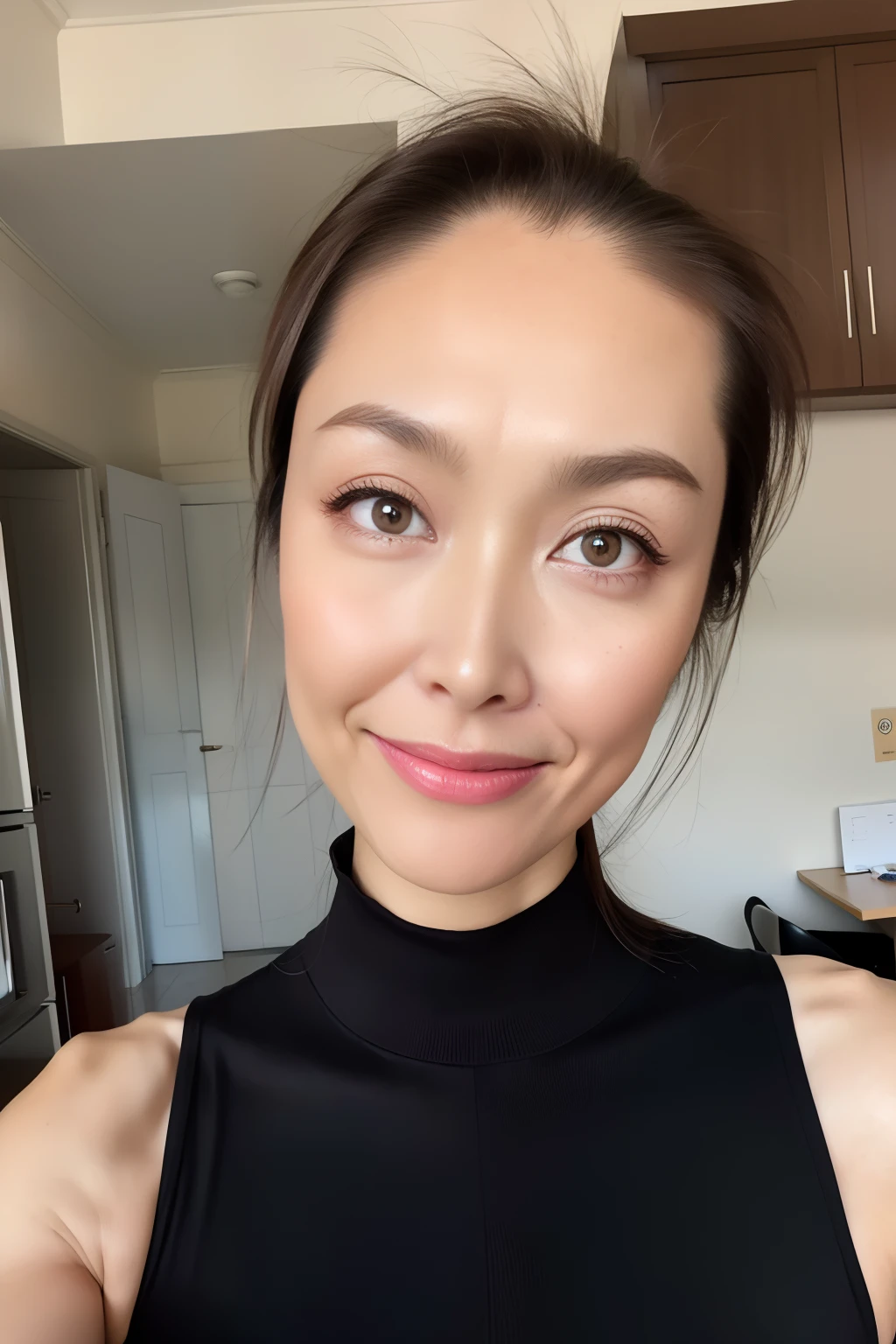 beautiful mature, (Solo), 50 years old, (Wrinkles at the corners of the eyes:1.2), Large breasts, A MILF, glamor, A sexy, Chromo-white skin, Looking at Viewer、Super large udder、Wearing a sleeveless turtleneck knit、Tight Fit Knitted Dresses、Muchimuchi、Black pantyhose、high-heels、ssmile、Public places、legs crossed