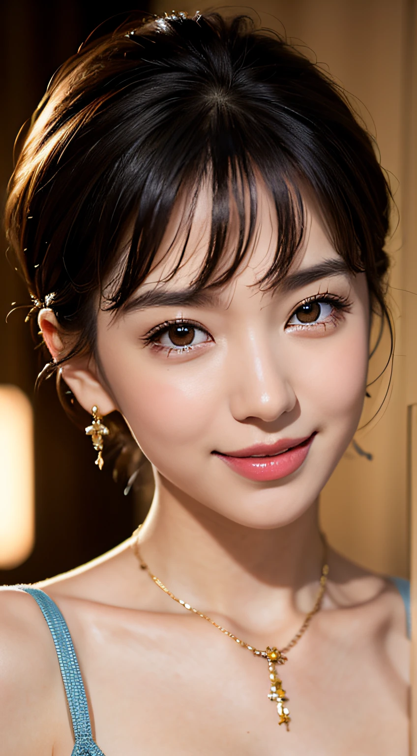 masterpiece, Best quality, Raw photorealism, Smile, big smile, happy expression, Beautiful girl, Cute, Short hair, very short hair, small breasts, depth of field, High resolution, Ultra detail, Very detailed eyes and face, Sharp pupils, Realistic pupils, upper body shot,standup, big necklace, big gold earrings, huge earrings, Sharp focus, Movie lighting, soft lighting,