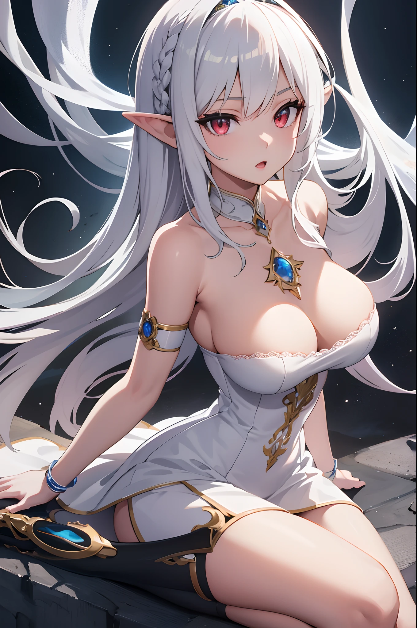 1girl, anime, cute girl, elf, blank background, white background, fantasy, detailed dark fantasy dress with highlights, beautiful face, beautiful eyes, dark colors, medium breasts, slight cleavage, beautiful skin, cute, silver hair, red eyes, breast curtains, extremely delicate and beautiful, (beautiful detailed face:1.0), (detailed deep eyes), symmetrical breasts, deep eyes, shiny skin, portrait, slender waist, hips wider than shoulders, thighs, young girl