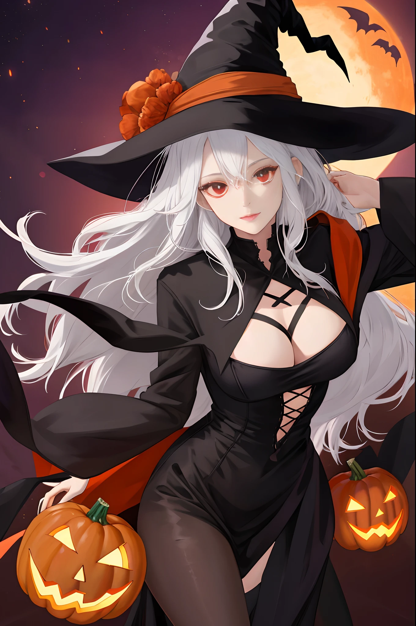 There's a woman in a witch costume holding two pumpkins, a witch hat, a witch outfit, a black outfit, white hair,  Halloween night background, red eyes, a pretty girl