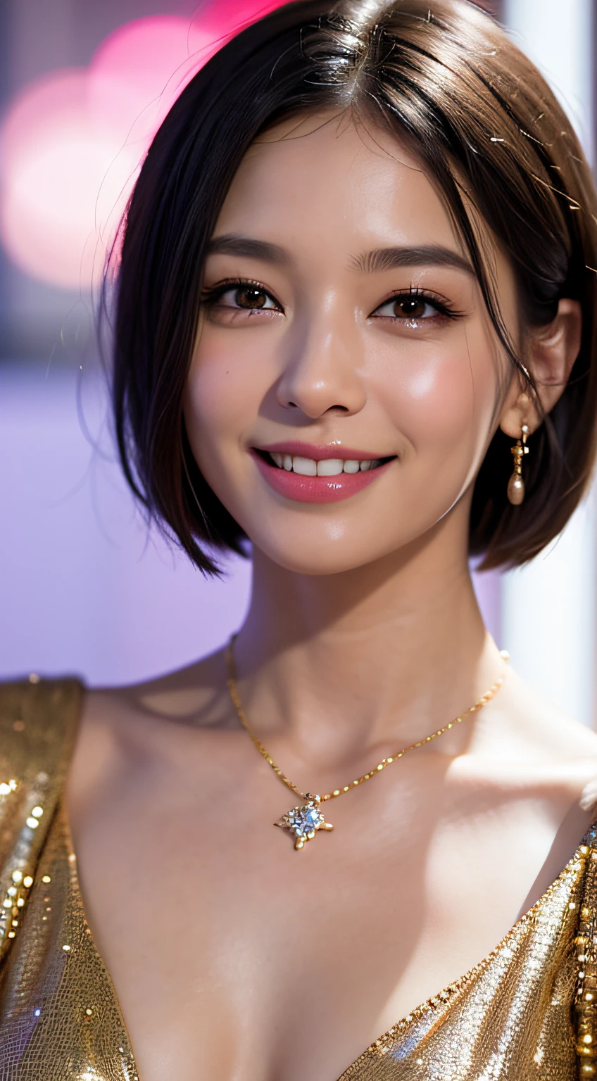 masterpiece, Best quality, Raw photorealism, Smile, big smile, happy expression, Beautiful girl, Cute, Short hair, very short hair, small breasts, depth of field, High resolution, Ultra detail, Very detailed eyes and face, Sharp pupils, Realistic pupils, upper body shot,standup, big necklace, big gold earrings, huge earrings, Sharp focus, Movie lighting, soft lighting,