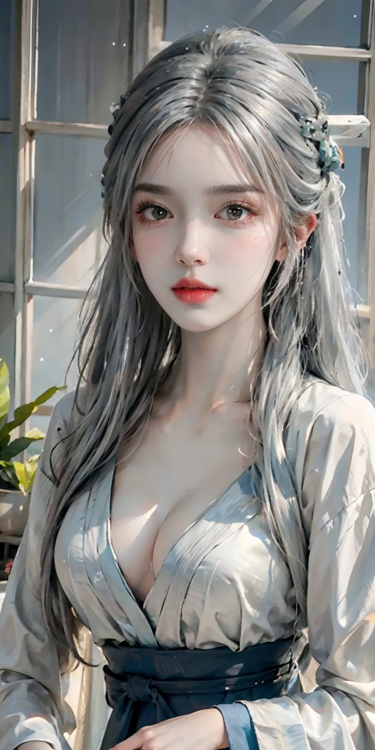 Photorealistic, high resolution, Soft light,1womanl, Solo, Hips up, (Detailed face), Silver hair, wie z_swarm, Colorful Hanfu tattoos, jewelry