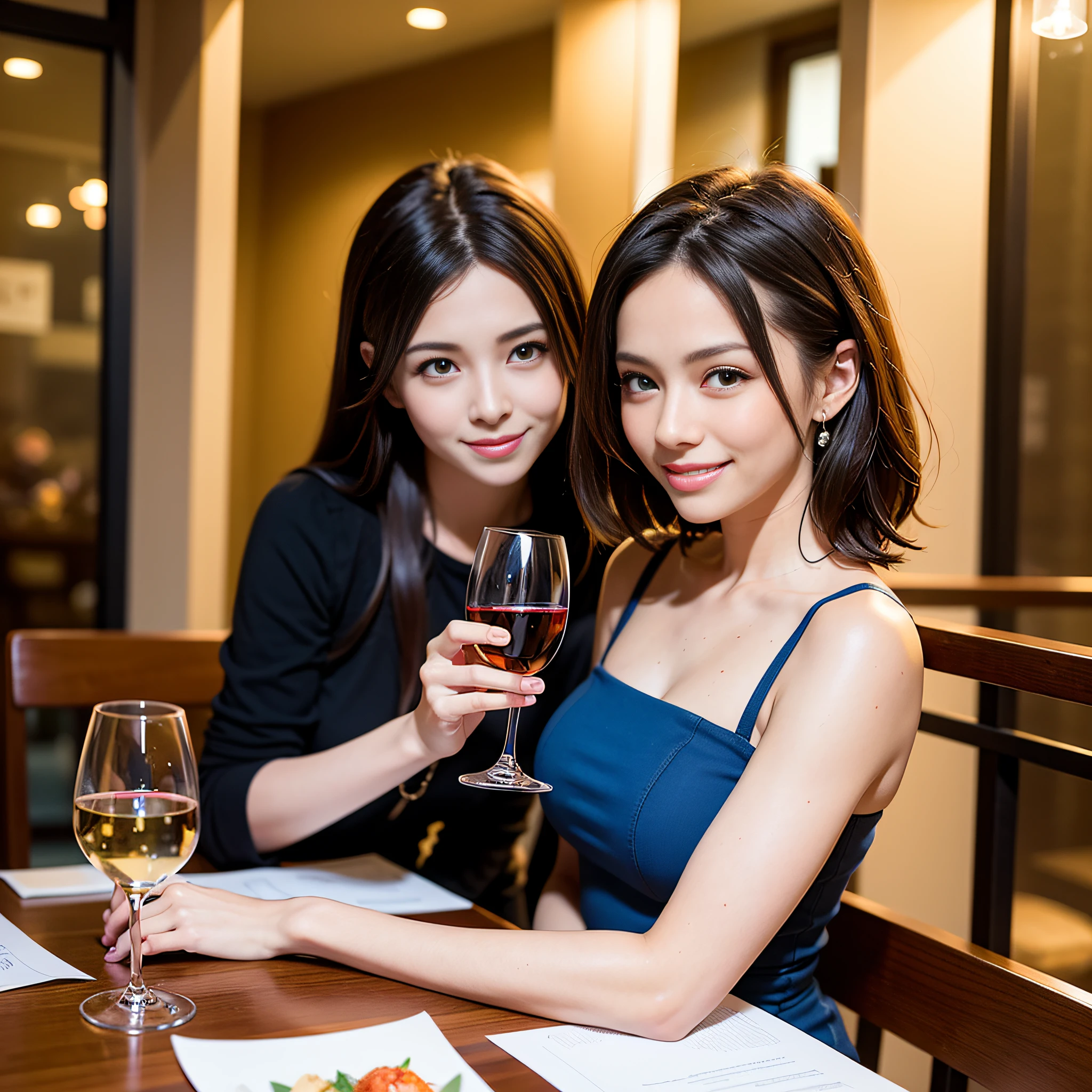 (64K, UHD, top quality, masterpiece: 1.2), (realistic, photorealistic: 1.37), super detailed, pretty woman 1 person, (slim face), (slim body), (brown hair), (short cut), cheeks slightly blushing, (44 years old), 38 years old, solo, beautiful detailed urban night view outside the window, restaurant, wine glasses sit, at night, in a prominent placeNovaFrogStyle, Actress, Model, Waist Up, White Wine, Slim, Wine Glass, Super Clean Night View, Wine Glass Put in the Middle, Happy Smile, (Smile: 1.15), Beautiful Fine Eyes, Upper Body, Bust Japan Up, Night, Short, Short, Actress, Model, Waist Up, White Wine, Slim, Wine Glass, Super Clean Night View, Wine Glass Put in the Middle, Happy Smile,