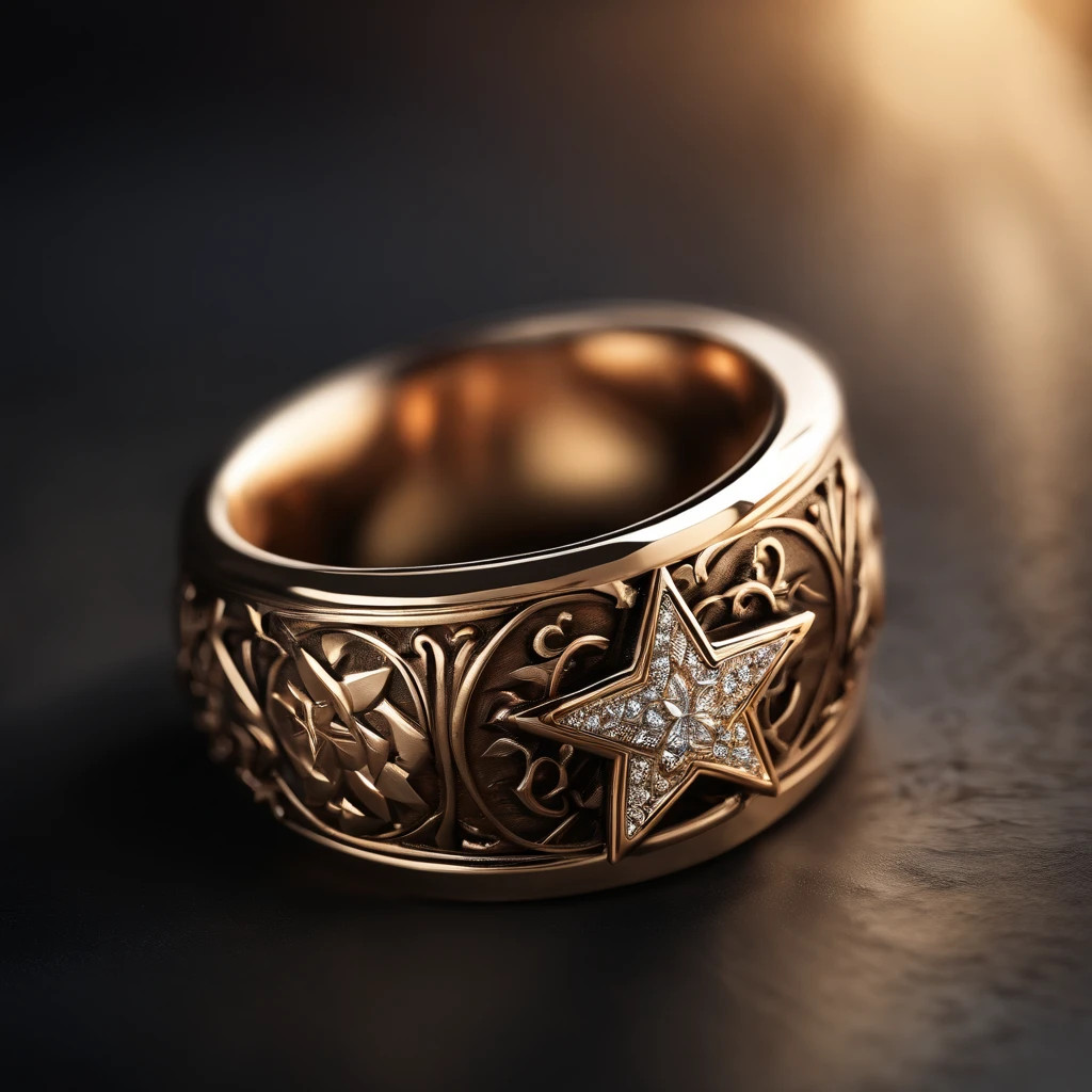 ((Ring design concept art)),Yellow gold ring,(Ring concept blueprint),((Ring rings in the shape of waves)),Engraved five-pointed star,(Fine craftsmanship),Hemming,Natural sunlight,Shining Effect