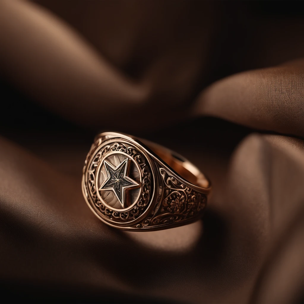 ((Ring design concept art)),Bronze ring,(Ring concept blueprint),Engraved with a five-pointed star,(exquisite craft),Hemming,Natural sunlight,Shining Effect