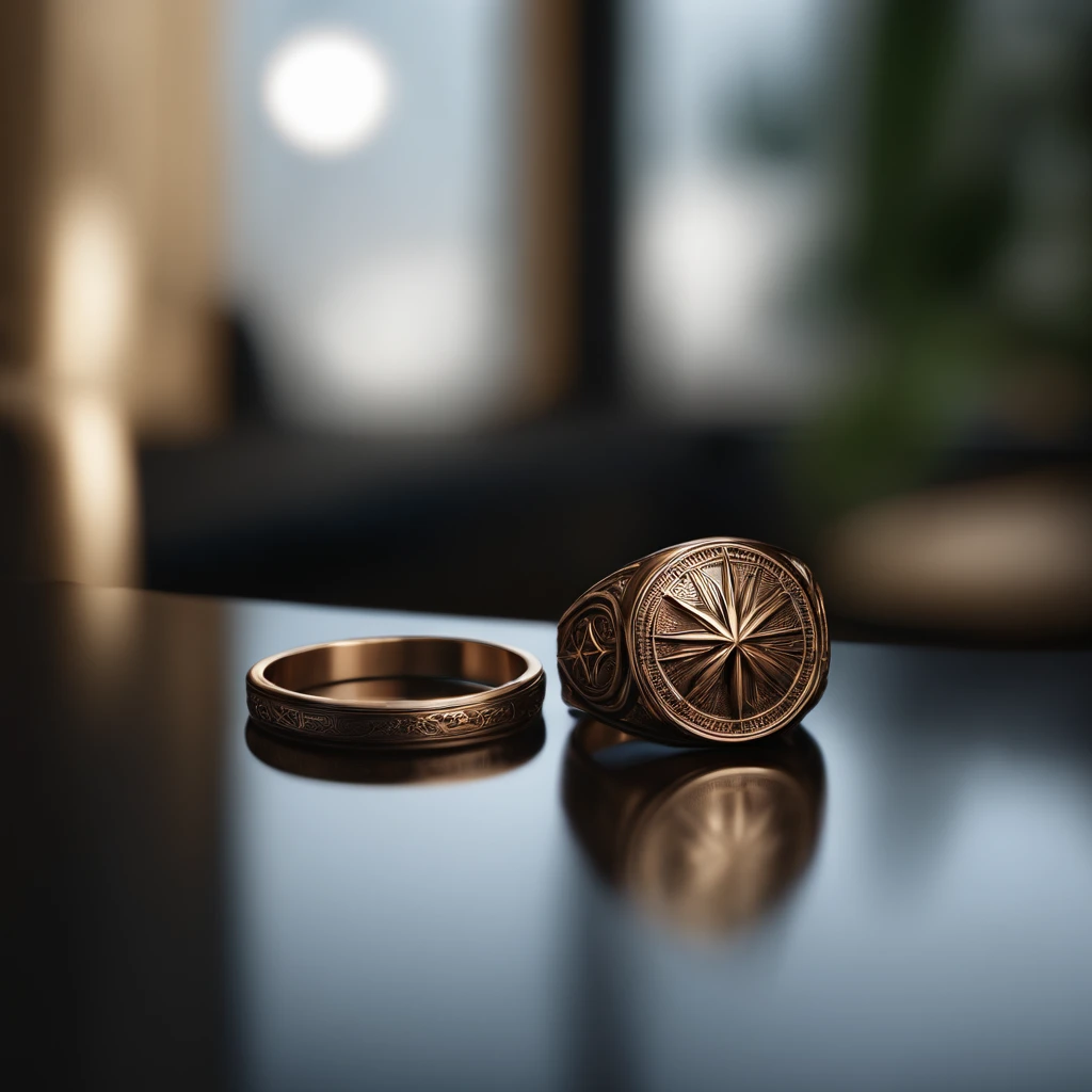 ((Ring design concept art)),Bronze ring,(Ring concept blueprint),Engraved with a five-pointed star,(exquisite craft),Hemming,Natural sunlight,Shining Effect