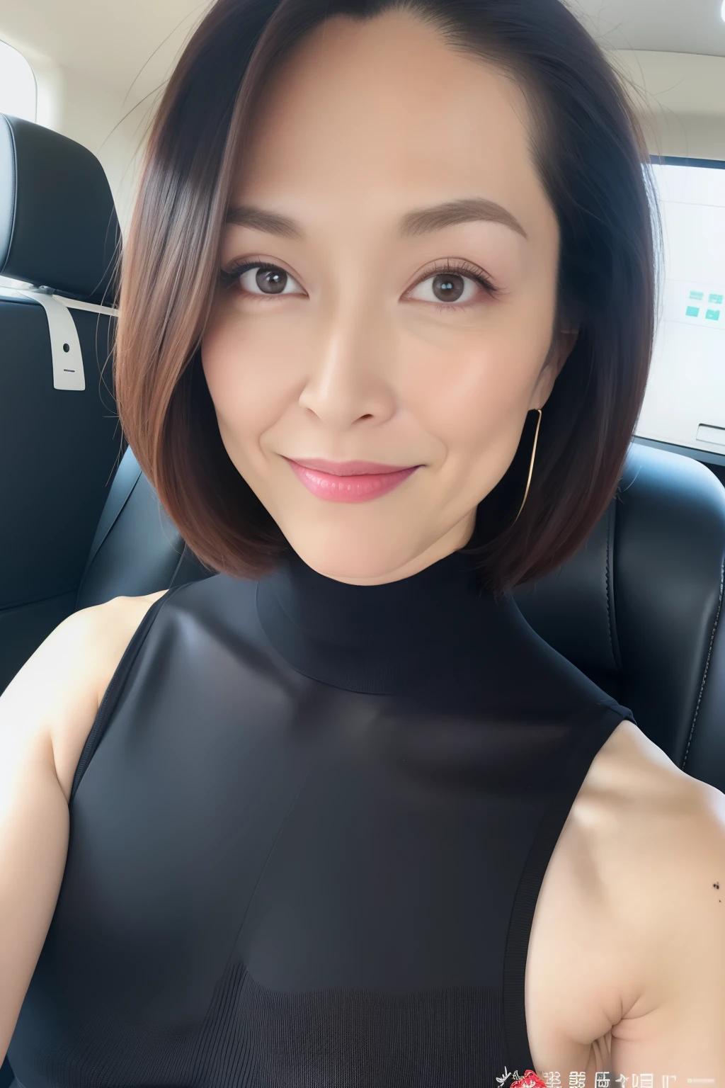 beautiful mature, (Solo), 50 years old, (Wrinkles at the corners of the eyes:1.2), Large breasts, A MILF, glamor, A sexy, Chromo-white skin, Looking at Viewer、Super large udder、Wearing a sleeveless turtleneck knit、Tight Fit Knitted Dresses、Muchimuchi、Black pantyhose、high-heels、ssmile、Public places、legs crossed