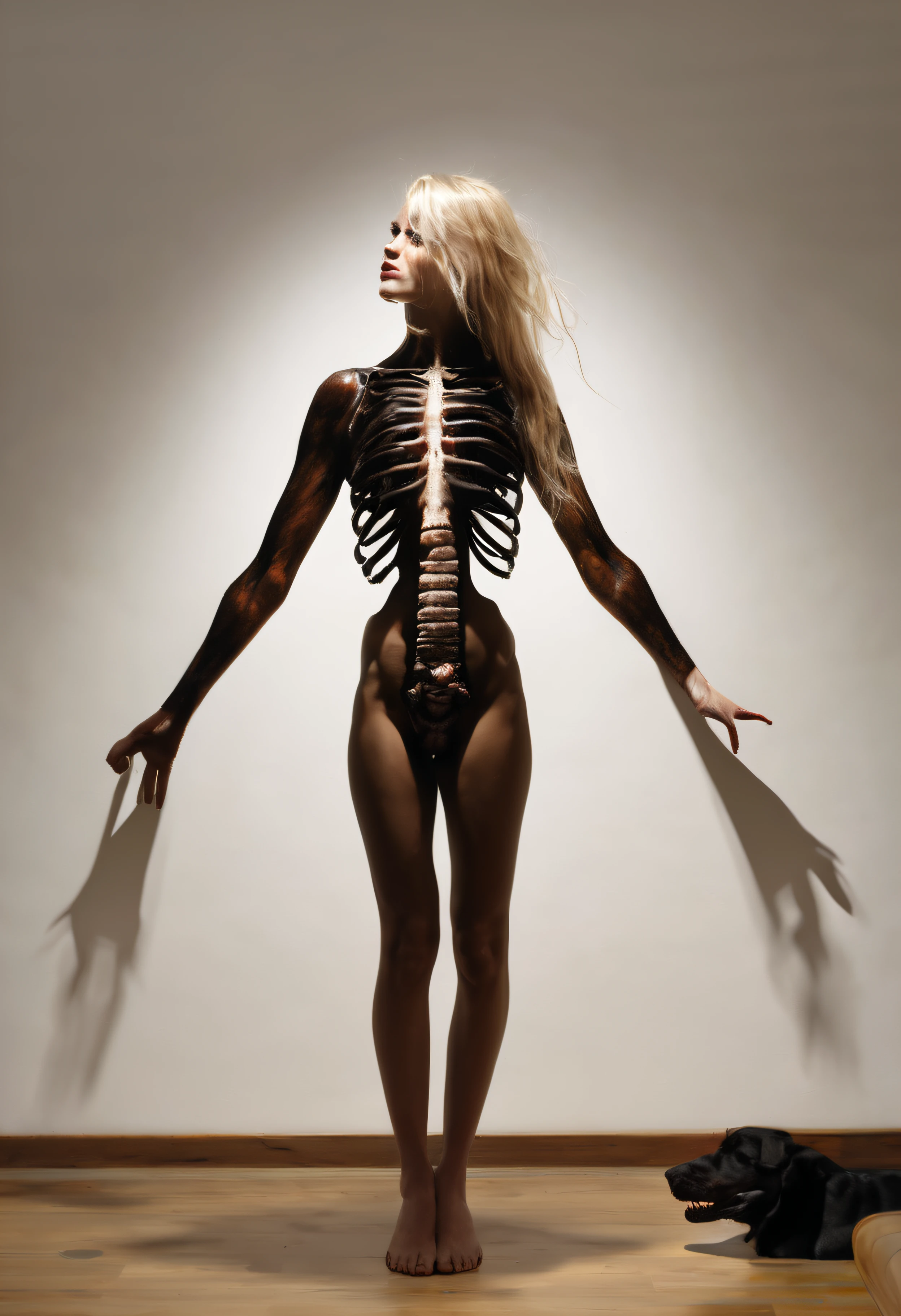 "(The best lighting, alto contraste, oscuro, dramatic),(Chica rubia junto a una cabra negra gigante, Open the rib cage, feto, autopsia, huesos humanos, sangre por las paredes). Luz Caravaggio"
