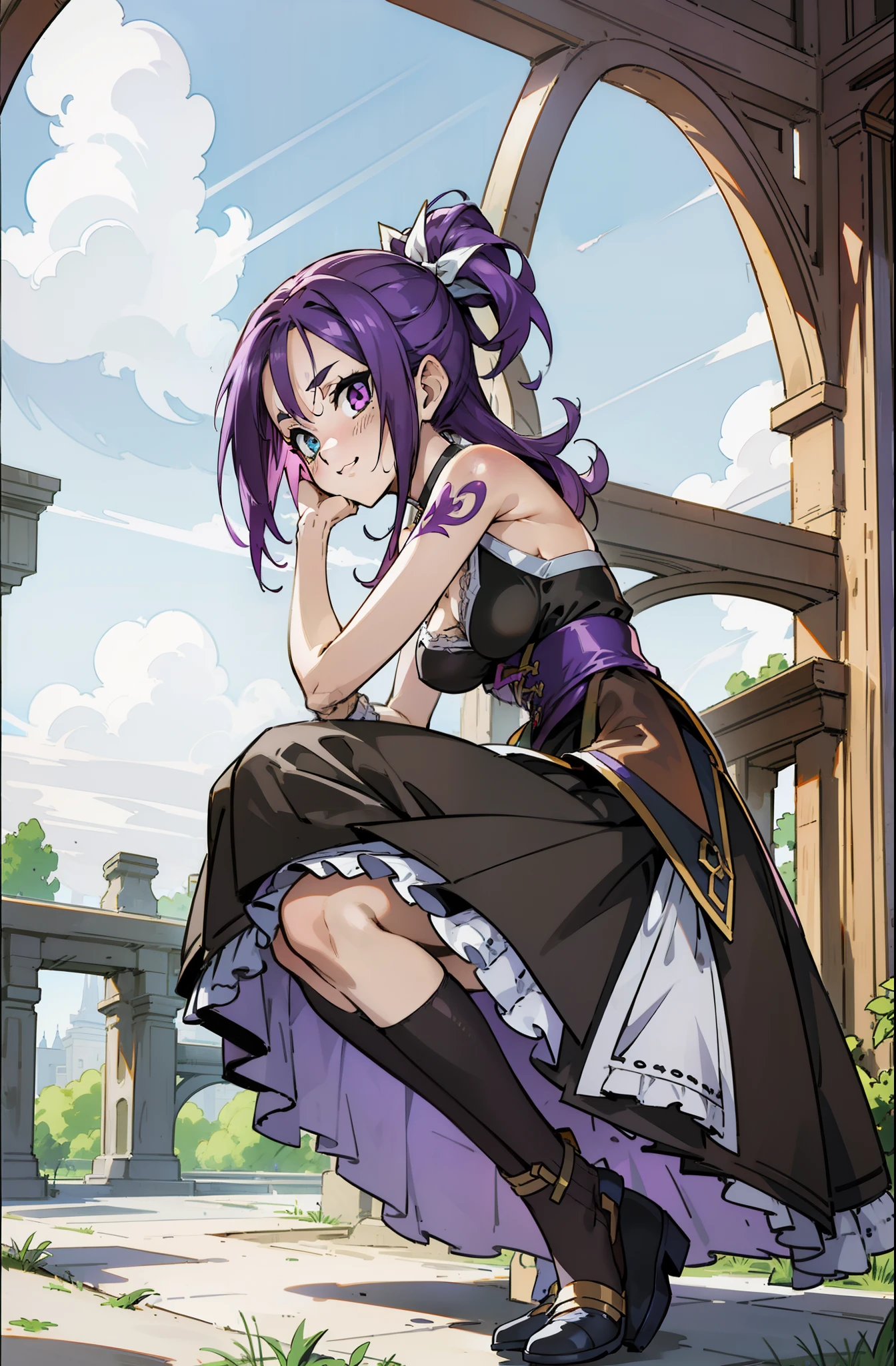 Colorful, Up-close, purple color  hair, Ultra-realistic hair quality, Vibrant colors, Young Girl, 14years old girl, Beautiful long hair, Shiny hair, detailed hairs, Hair Ribbon, Single-sided up, Reo Mikage, Blue Lock, no sleeves, Sleeveless, open shoulders, Cinderella, drawing, Cinderella with panniers, Cinderella Dress, Lace dress, long dress, white stockings, stockings, Chest exposure, Lace underwear, Metamorphosis is exposed, buckle, Choker, Black Choker, complete fingers, Five Fingers, Two arms, Two hands, The tattoo, body tattoo, arm tattoos, Blue Rose Tattoo, Tattoo on the wrist, Tattoo on the thigh, Relative area, Sexy breasts, Big breasts, red blush, 1girl in, Solo, Sharp face, Heterochromia, Green eyes, Purple eyes, Bare neck, Happy face, light smile, skirt in dress, pannier in dress, masutepiece, Ultra-detailed, Hyper-detailing, anime, anime style, Best Quality, Bare legged, Black leggings, Brown Gladiator Sandals, Scenery of Shanghai, Castles, crouching down