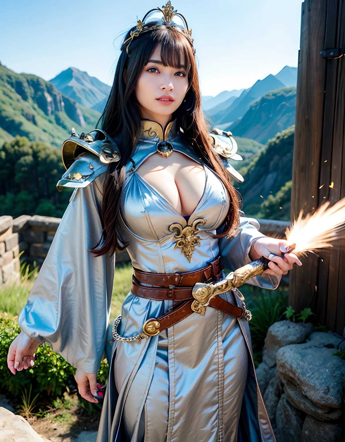 Professional , masterpiece、top-quality、photos realistic , 、top-quality、超A high resolution、(Photorealsitic:1.4)、Raw photo、depth of fields (Gemstone Gold Metal Body:1.9),(Matte White、Toostock、cleavage of the breast、(cleavage of the breast)、(Detailed Dragon Armor)、(Have the strongest weapon)、((Random Hairstyles 1.6),Dark Fantasy,)explosions、intense fighting、(Precipitous cliffs),Dragon Gold Weapon,Mystical expression、Particles of light、Fight dragons、(Detailed Dragon Helmet),Gorgeous Silver Weapons ,(( Dragon's dense and gorgeous sword)) , Beautiful knife ,warhammer 40k ,Detail and gorgeous crown、((Blue hair))、(Castle background)、、((Gangle's forest background))、Beautiful Caucasian beauty、1a person、dynamic ungle,((()))、Smaller head、A smile、Castle background、Thin and beautiful female hands、cleavage of the breast、Soldier in iron armor on background、Mystical expression、Light Effects、intense fighting、Wind-effect、magic circles、With the legendary magic wand、(demonic wings)、Toostock、