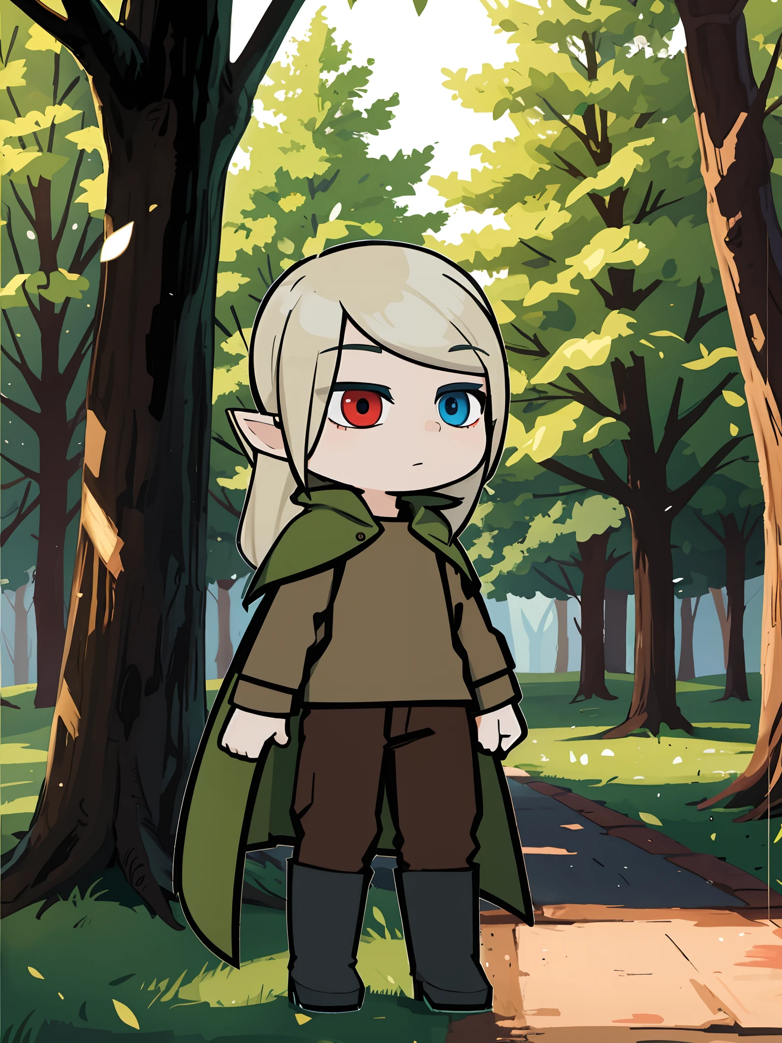 Guy Elf, blonde man, Red right eye, The left eye is blue, Khaki shirt, brown pants, green raincoat, Black Boots, Background Forest, One eye is red, The other eye is blue