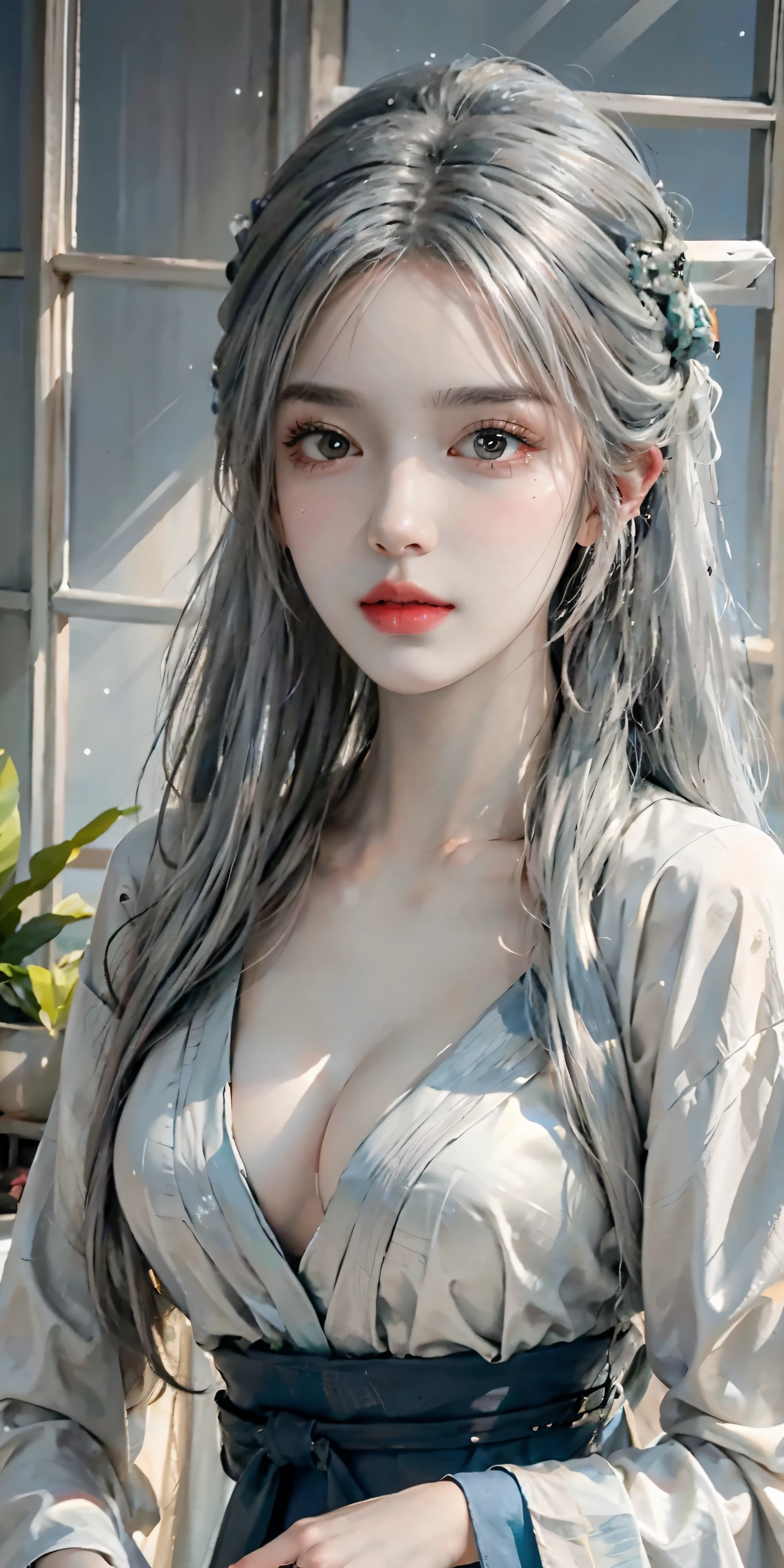 Photorealistic, high resolution, Soft light,1womanl, Solo, Hips up, (Detailed face), Silver hair, wie z_swarm, Colorful Hanfu tattoos, jewelry