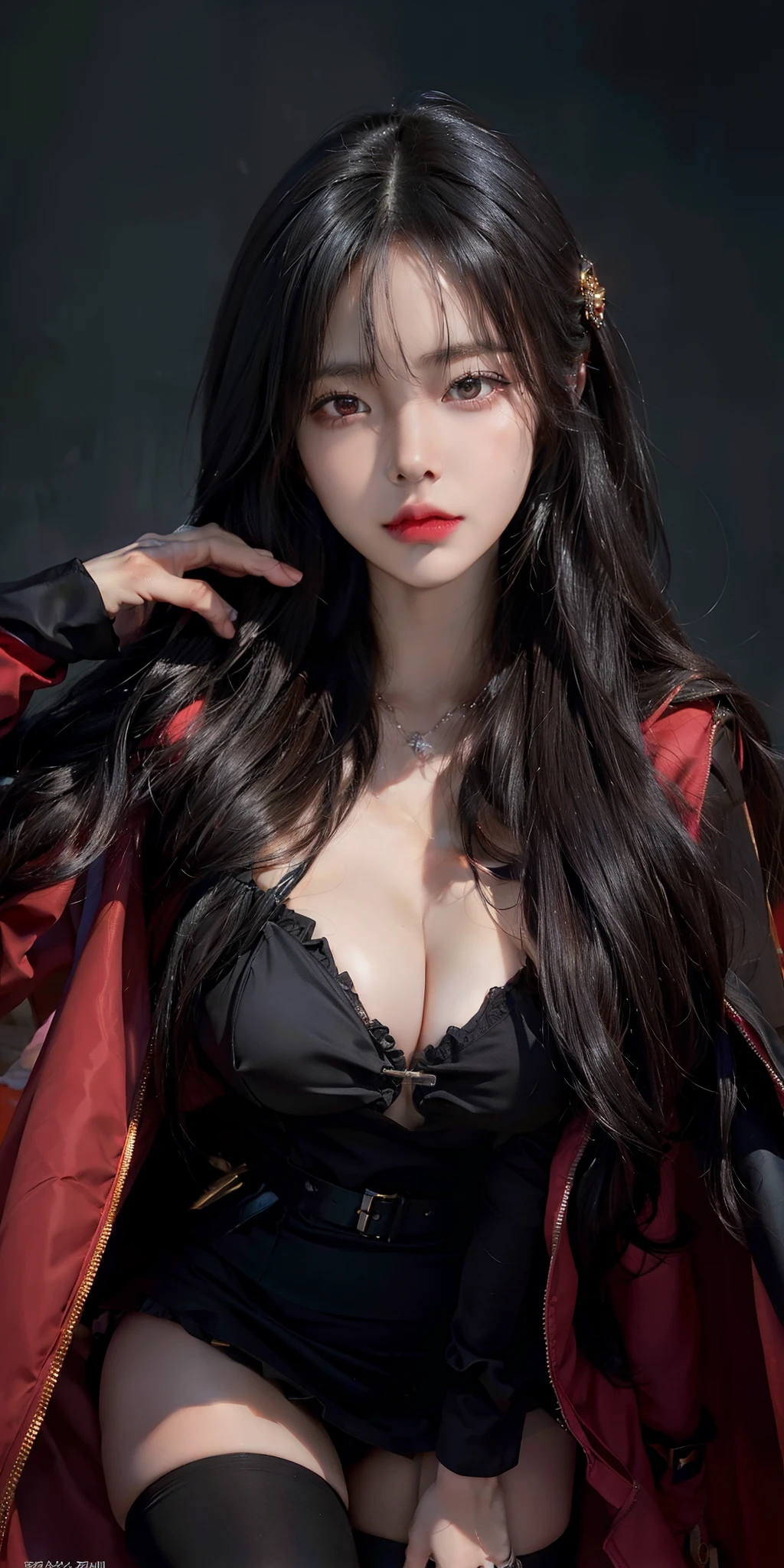 1 girl, solo, long hair, black hair, hair ornament, hairclip, bangs, hair between eyes, V Shaped Eyebrows, red eyes, closed mouth, breasts, large breasts, cleavage, cloak, cape, black cape, jacket, jacket on shoulders, dress, black dress, short derss, belt, thighs, thighhighs, black legwear, cowboy shot, (raw photo:1.2), ((photorealistic:1.4)), best quality, masterpiece
