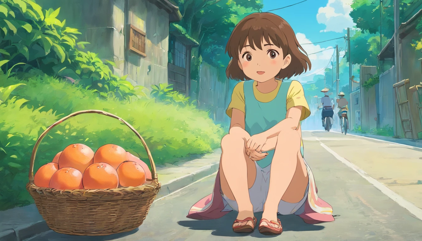 Anime girl sitting on the ground with a basket of oranges - SeaArt AI