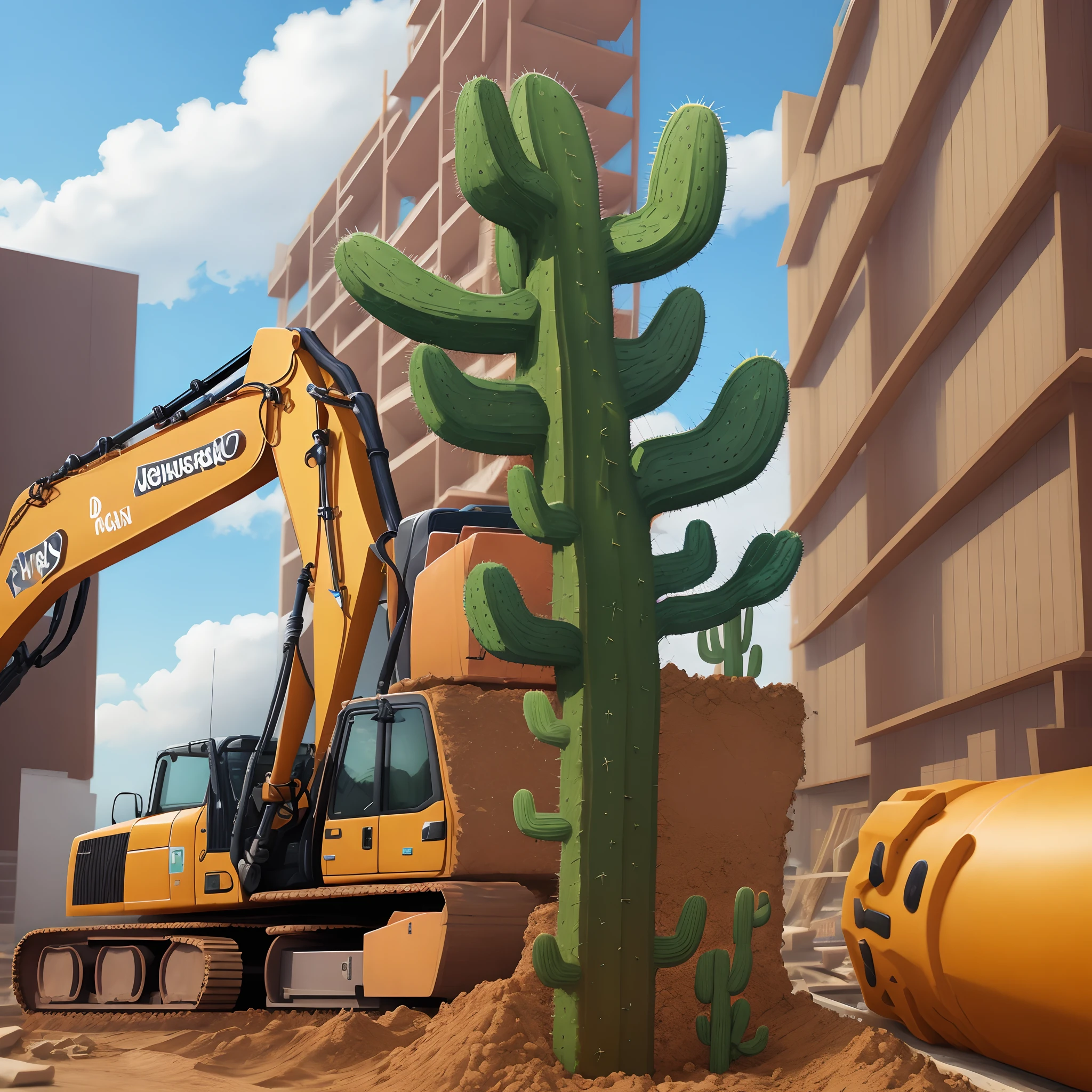 Animated cactus as a construction worker