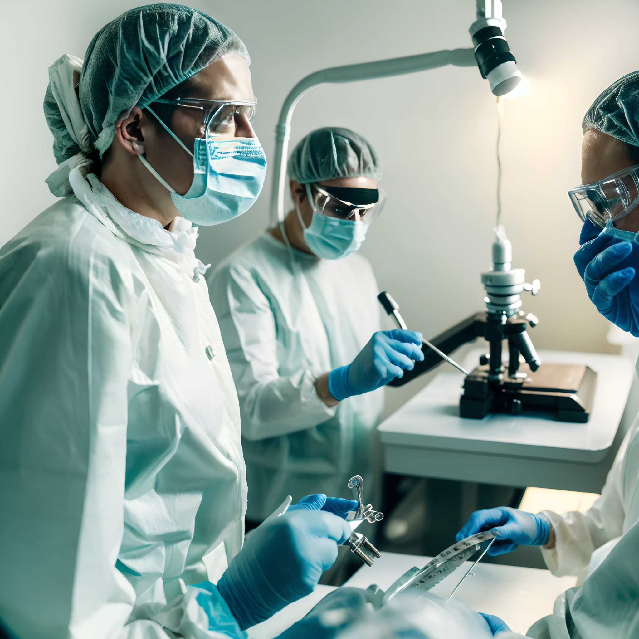 (YES SFW), 8k portrait of beautiful woman researcher with white hair, white eyebrows, glowing blue eyes, white lips. intricate, highly detailed, majestic, digital photography, surgical_mask, doctor. detailed, white labcoat. (masterpiece, side lighting, finely detailed beautiful eyes:1.8), hdr, sexy and provocative pose. Sci-fi laboratory background, ultra detailed. (perfect hands:1.8). (face tracery:1.4) face tracery, beautiful and elegant, surreal sci fi. ultra advanced technology. Blue_gloves. Realistic, solo, white_shirt, stethoscope, laboratory_glasses, lab_coat, doctor, research, researcher, photorealistic, labcoat, glasses, mouth_mask, mask, needle, thread, tweezers, scissors, scalpel, surgery, operating_room, hospital, surgical_mask, covered_mouth, hospital_cap, microscope, test_tube, test_tubes, erlenmeyer_flask, flask