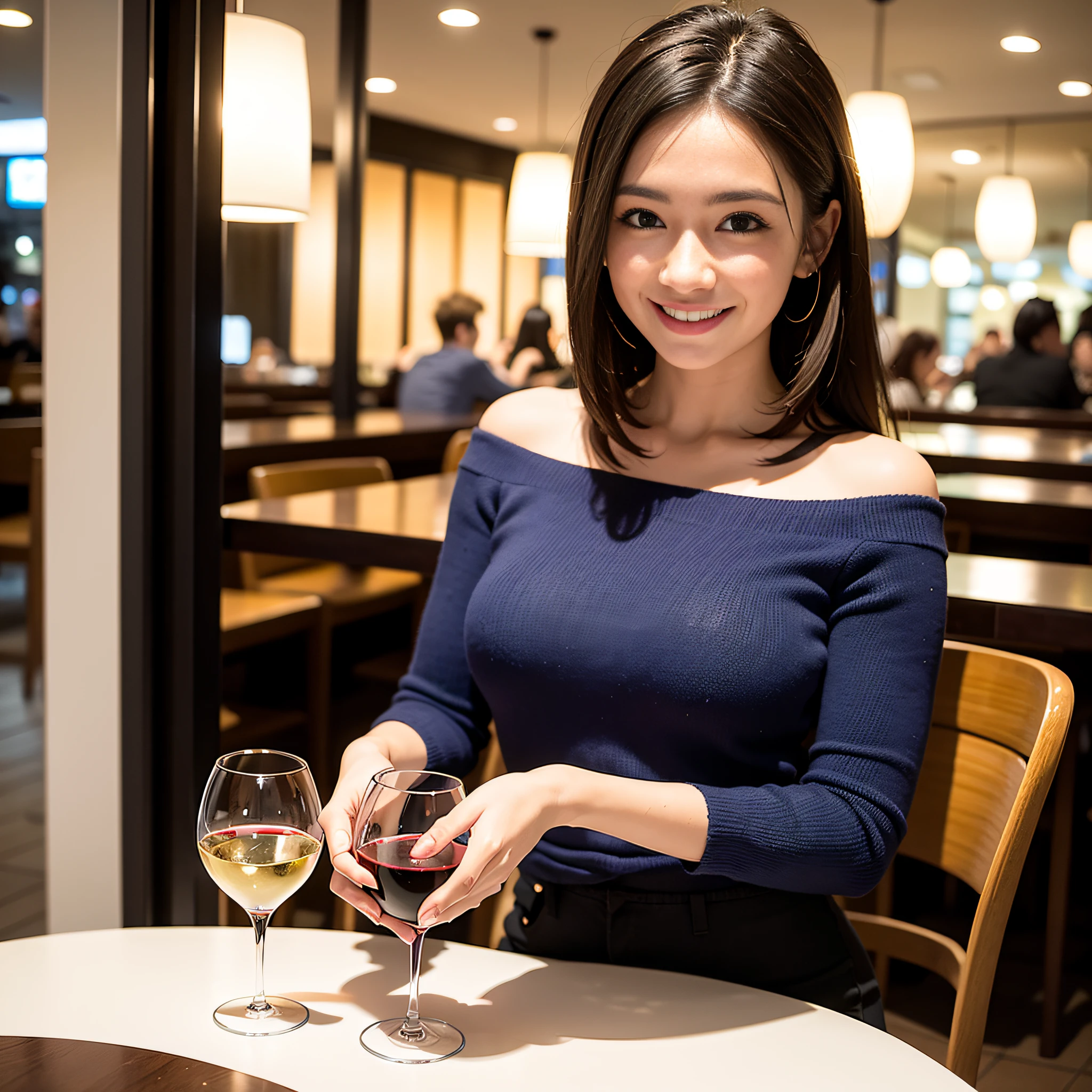 (64K, UHD, top quality, masterpiece: 1.2), (realistic, photorealistic: 1.37), super detailed, pretty woman 1 person, (slim face), (slim body), (brown hair), (short cut), cheeks slightly blushing, (44 years old), 38 years old, solo, beautiful detailed urban night view outside the window, restaurant, wine glasses sit, at night, in a prominent placeNovaFrogStyle, Actress, Model, Waist Up, White Wine, Slim, Wine Glass, Super Clean Night View, Wine Glass Put in the Middle, Happy Smile, (Smile: 1.15), Beautiful Fine Eyes, Upper Body, Bust Japan Up, Night, Short, Short, Actress, Model, Waist Up, White Wine, Slim, Wine Glass, Super Clean Night View, Wine Glass Put in the Middle, Happy Smile,