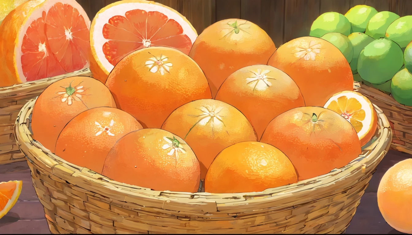 Close-up of two baskets of grapefruit，The background is the market