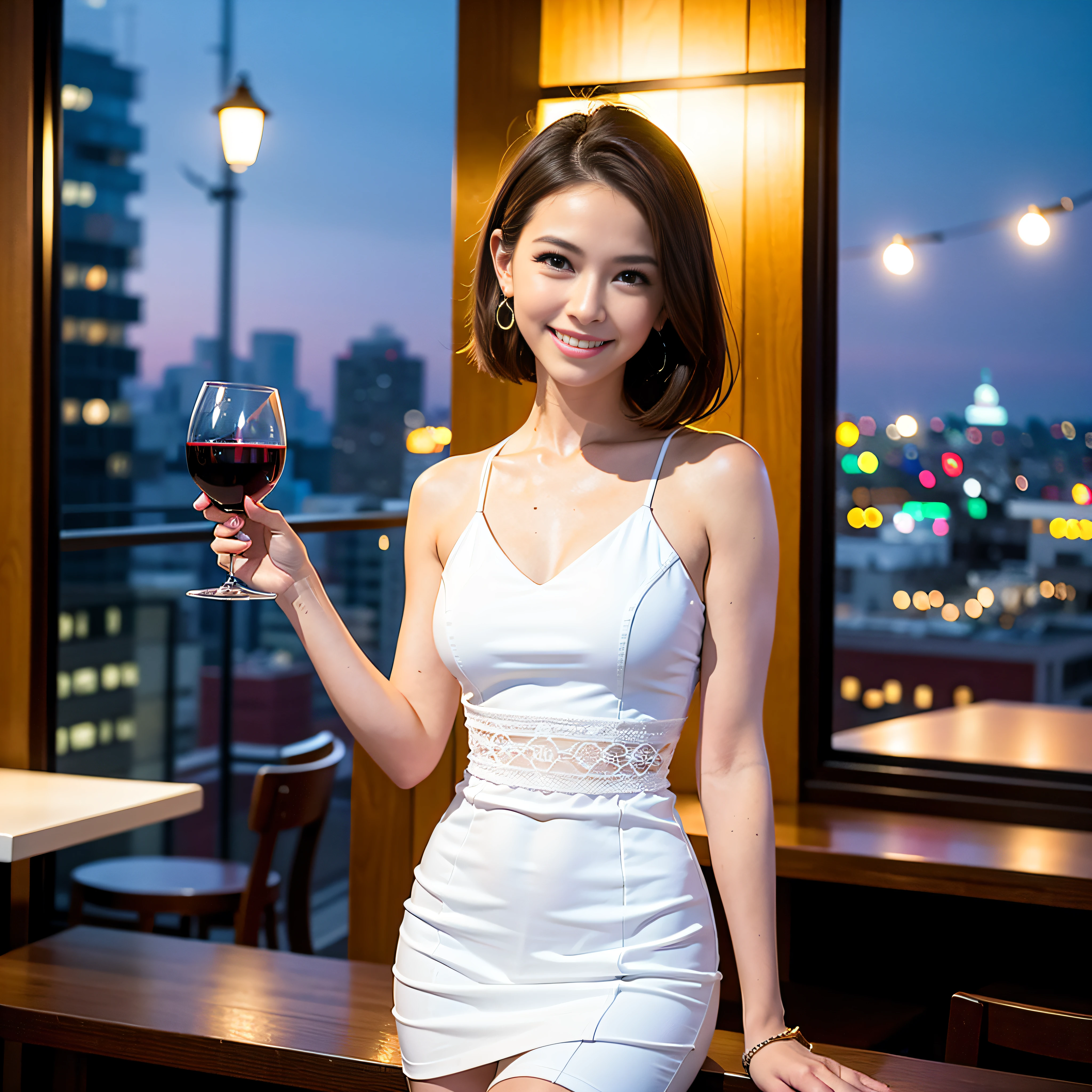 (64K, UHD, top quality, masterpiece: 1.2), (realistic, photorealistic: 1.37), super detailed, pretty woman 1 person, (slim face), (slim body), (brown hair), (short cut), cheeks slightly blushing, (44 years old), 38 years old, solo, beautiful detailed urban night view outside the window, restaurant, wine glasses sit, at night, in a prominent placeNovaFrogStyle, Actress, Model, Waist Up, White Wine, Slim, Wine Glass, Super Clean Night View, Wine Glass Put in the Middle, Happy Smile, (Smile: 1.15), Beautiful Fine Eyes, Upper Body, Bust Japan Up, Night, Short, Short, Actress, Model, Waist Up, White Wine, Slim, Wine Glass, Super Clean Night View, Wine Glass Put in the Middle, Happy Smile,
