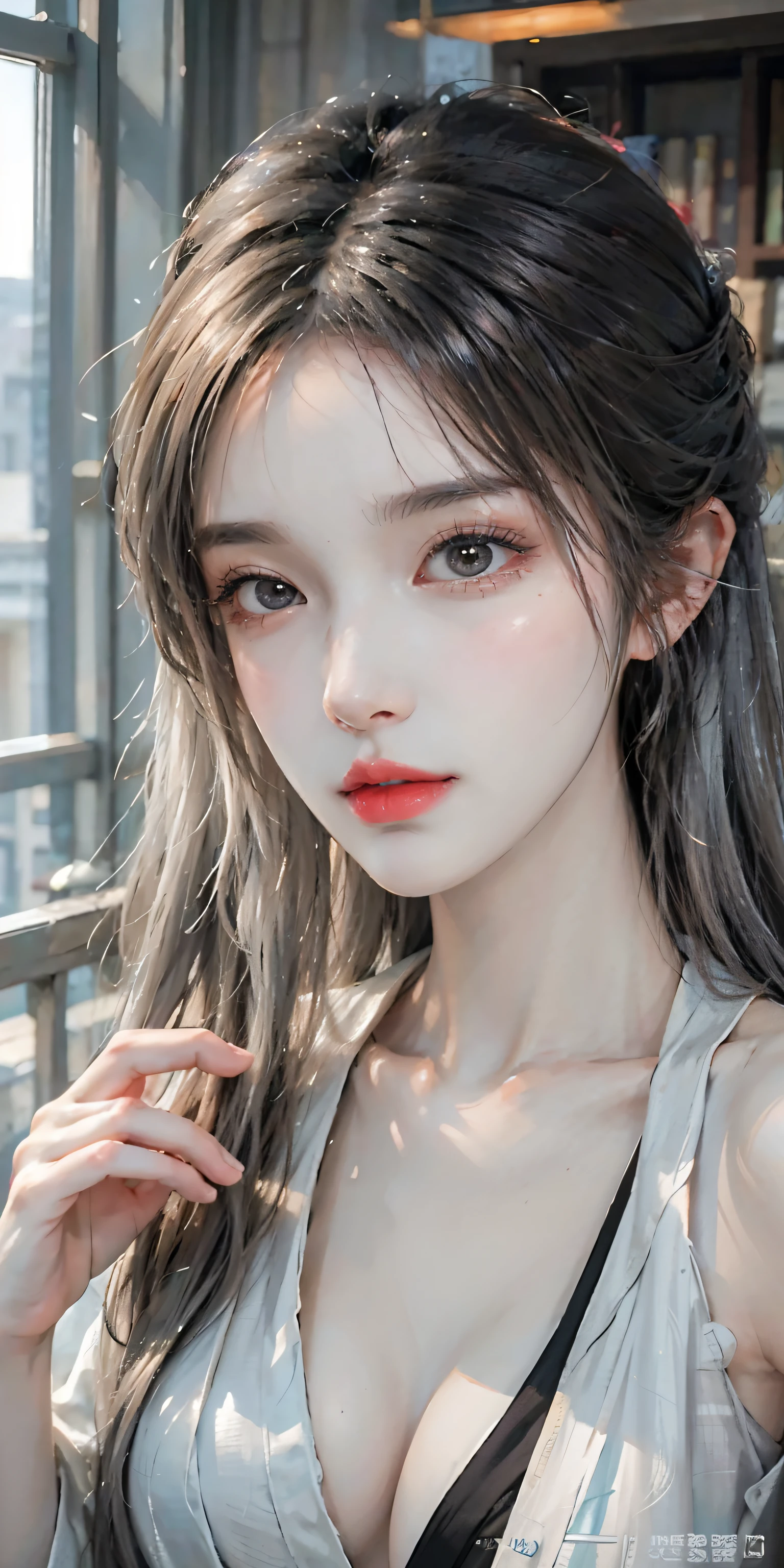 Photorealistic, high resolution, Soft light,1womanl, Solo, Hips up, (Detailed face), Silver hair, wie z_swarm, Colorful Hanfu tattoos, jewelry