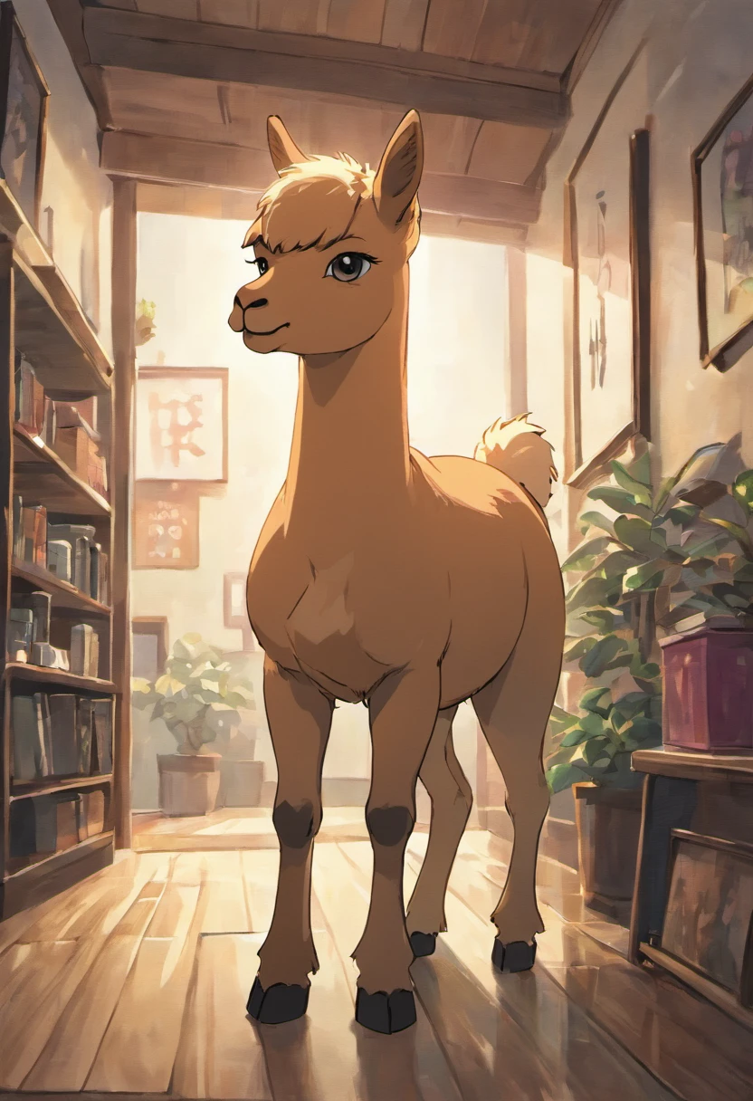 An alpaca stands in the living room