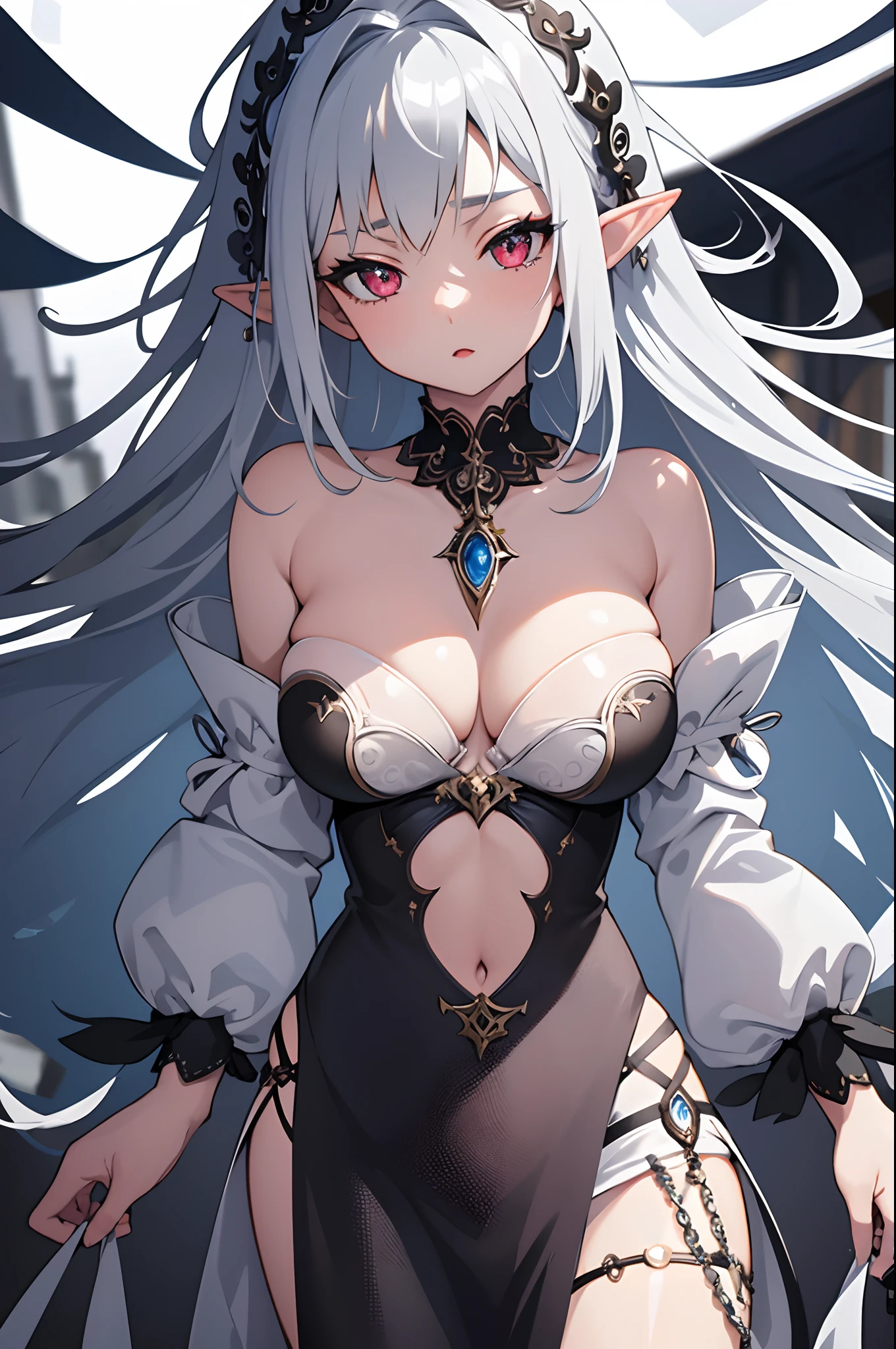 1girl, anime, cute girl, elf, blank background, white background, fantasy, detailed dark fantasy dress with highlights, beautiful face, beautiful eyes, dark colors, medium breasts, slight cleavage, beautiful skin, cute, silver hair, red eyes, breast curtains, extremely delicate and beautiful, (beautiful detailed face:1.0), (detailed deep eyes), symmetrical breasts, deep eyes, shiny skin, portrait, slender waist, hips wider than shoulders, thighs, young girl