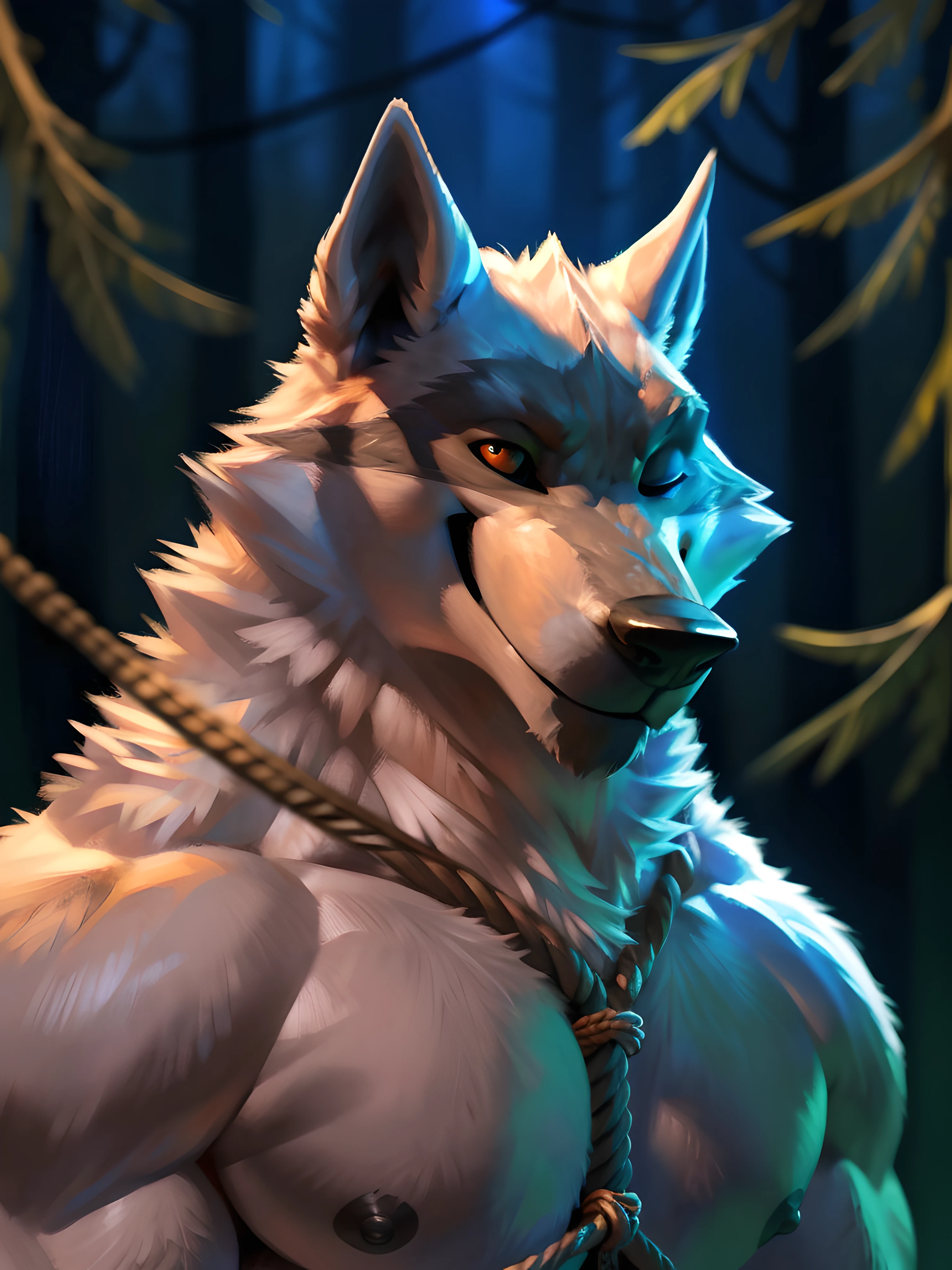 deathwolf, (bound with rope, rope, restricted with rope:1.5), 4k, high resolution, best quality, posted on e621, solo, anthro body, male, adult, very masculine, (very muscular, very defined muscles, strong pectorals, large pecs, muscular arms, muscular legs, muscular neck, heavyweight:1.1), correct anatomy, (forest background:1.1), (night:1.2), (by taran fiddler:1.0), (by wfa, by echin:0.5), (detailed eyes:1.2), (detailed shading, photorealistic shading, masterpiece:1.2), confident, sly face, smile, (eyes half shut:1.2), (looking at camera:1.1), black nipples