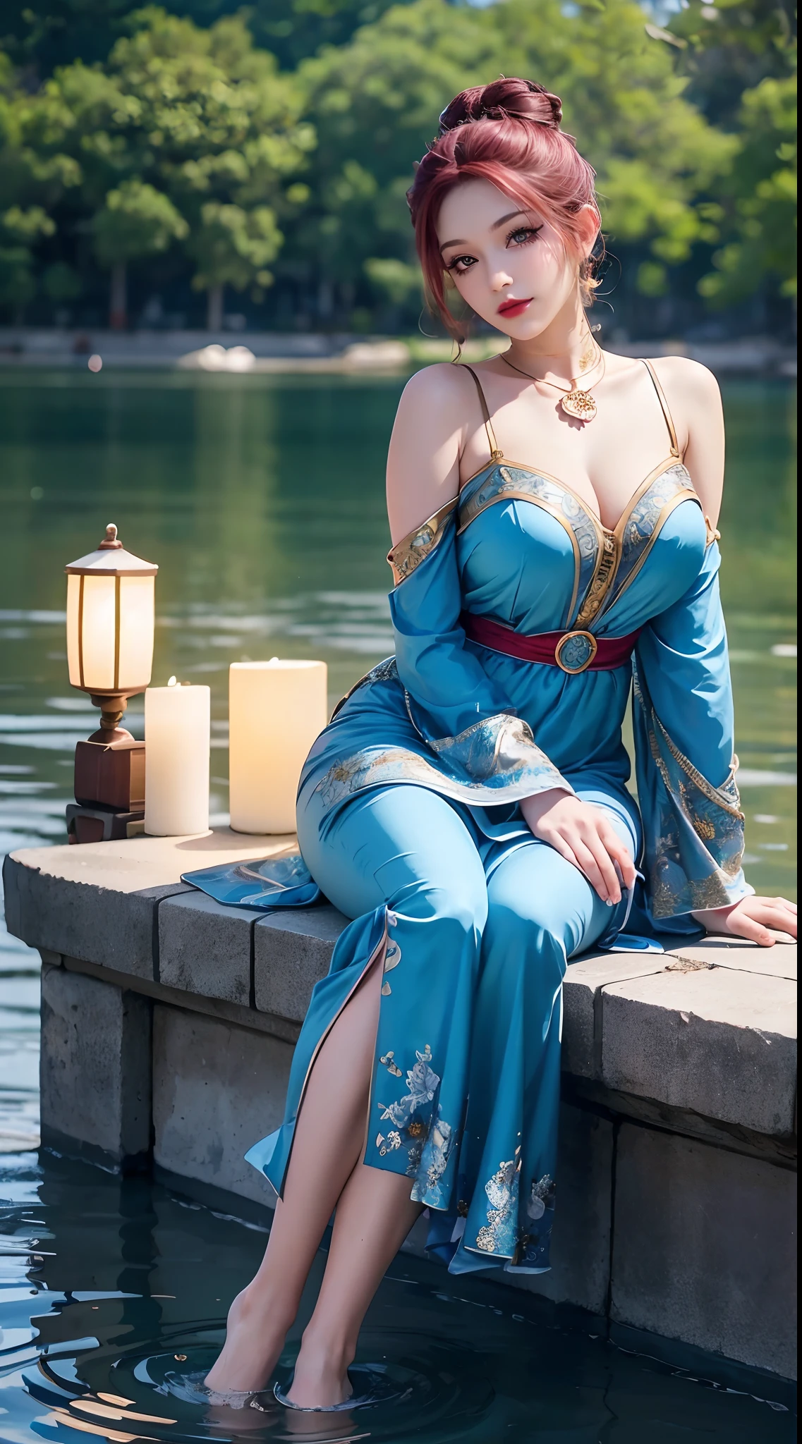 Sitting by a lake full of lotus flowers, her feet playing in the water, the art depicts a charming woman with a melon face, dressed in a flowing, silky traditional oriental dress, long, aqua blue, decorated with intricate patterns and bright colors. Her dress drapes elegantly over her curvy figure, accentuating her seductive silhouette. She sits gracefully by the tranquil lotus lake, her feet playing in the water, bathed in the soft glow of the moonlight. The scene exudes an ethereal and dreamy atmosphere, with a touch of mystery and sexiness. The graphic style blends watercolor and digital illustration techniques to evoke a refined beauty and charm. The lights are filled with soft moonlight, casting soft highlights and shadows on her charming features. Bare thighs, big breasts, three-dimensional facial features, sitting, upturned legs, side braids,short hair,hair bun,red hair