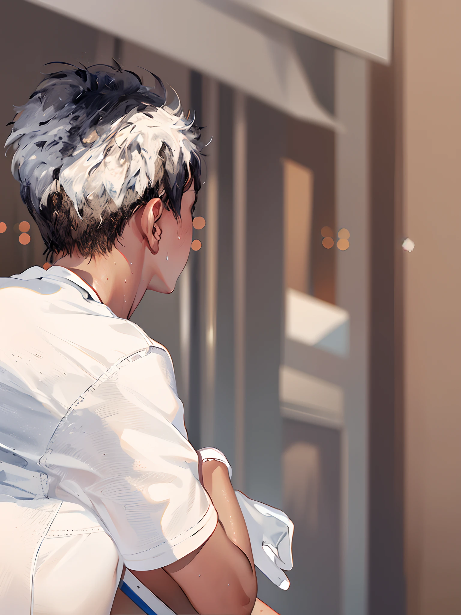 solo, white polo shirt, white sneakers, tennis wear, white miniskirt, masterpiece, best quality, realistic, hyper-detailed, (shiny skin, sweaty:1.4), absurd, looking at viewer, short black hair, brown eyes, slender, dynamic lighting, high resolution, sharp focus, depth of field, detailed eyes, sharp pupils, realistic pupils, (small breasts:1.6), (thick thighs:1.0), outdoor, sky