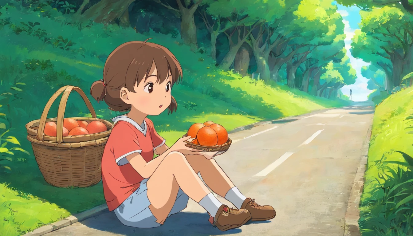 Little girl sitting on the side of the road,Look up and speak,There are two baskets of grapefruit in front