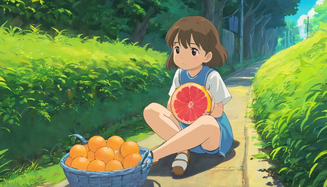A little girl sits on the side of the road，Look up and speak，There are two baskets of grapefruit in front