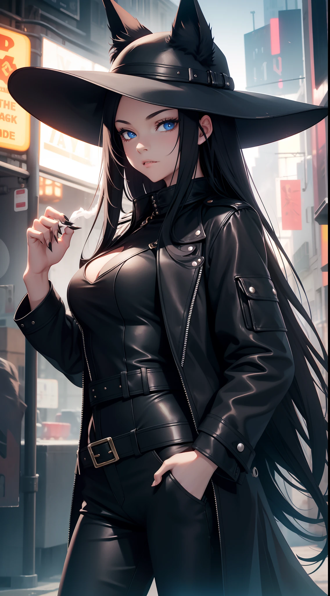 young girl, Long black hair, Fox ears, blue eyes, leather coat, hat, pants, claws, Smoke, Masterpiece, hiquality, 4k, HD, Good detail