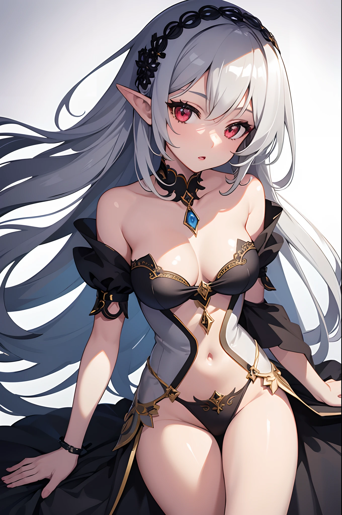 1girl, anime, cute girl, elf, blank background, white background, fantasy, detailed dark fantasy dress with highlights, beautiful face, beautiful eyes, dark colors, medium breasts, slight cleavage, beautiful skin, cute, silver hair, red eyes, breast curtains, extremely delicate and beautiful, (beautiful detailed face:1.0), (detailed deep eyes), symmetrical breasts, deep eyes, shiny skin, portrait, slender waist, hips wider than shoulders, thighs, young girl