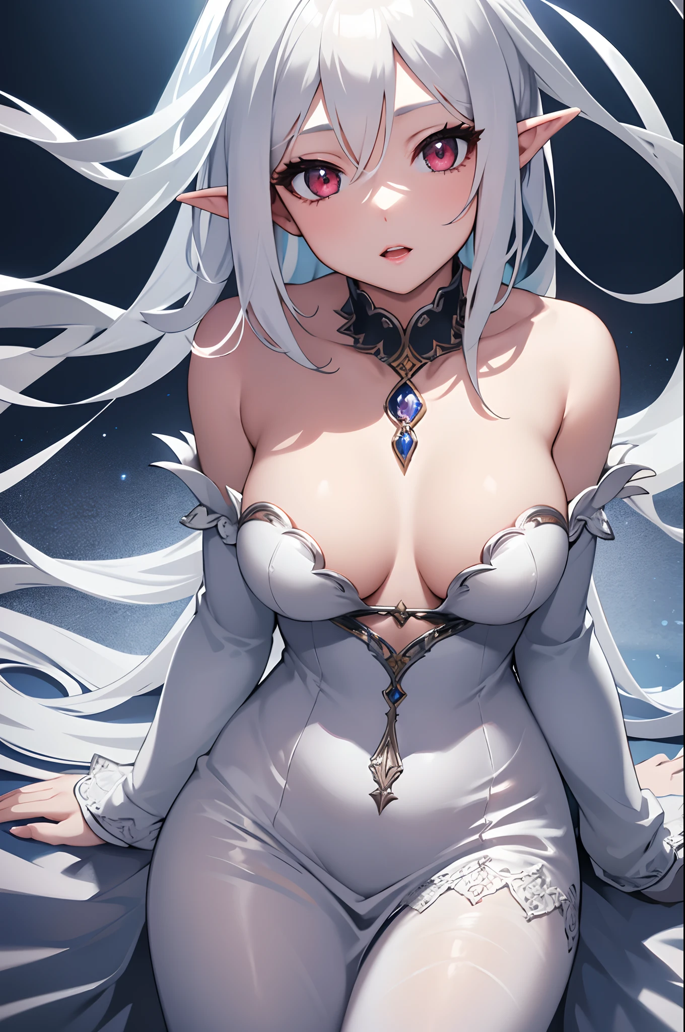 1girl, anime, cute girl, elf, blank background, white background, fantasy, detailed dark fantasy dress with highlights, beautiful face, beautiful eyes, dark colors, medium breasts, slight cleavage, beautiful skin, cute, silver hair, red eyes, breast curtains, extremely delicate and beautiful, (beautiful detailed face:1.0), (detailed deep eyes), symmetrical breasts, deep eyes, shiny skin, portrait, slender waist, hips wider than shoulders, thighs, young girl