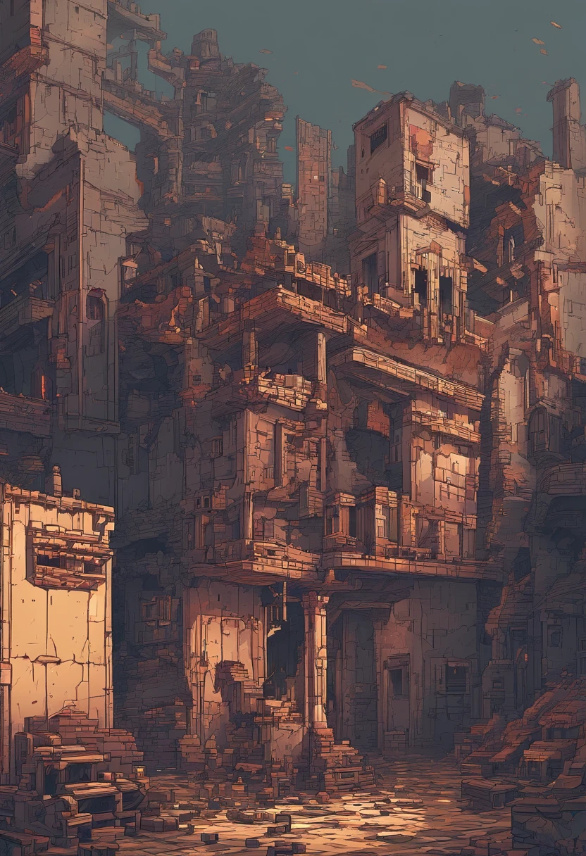 「ruined and devastated city」on the theme of、Dark gray and dull red、The secondary color is light yellow and iron gray.、The background color is the wreckage of the city floating in the dark、The style is post-apocalyptic、Broken building in shape、Rusty vehicles、Includes chaotic debris、Texture is rust、Cracked concrete、Dirty glass、Line cracks in broken buildings、It is characterized by a glow that emerges in the dark.、The form expresses the image of the ruins of a ruined city radiating an eerie beauty