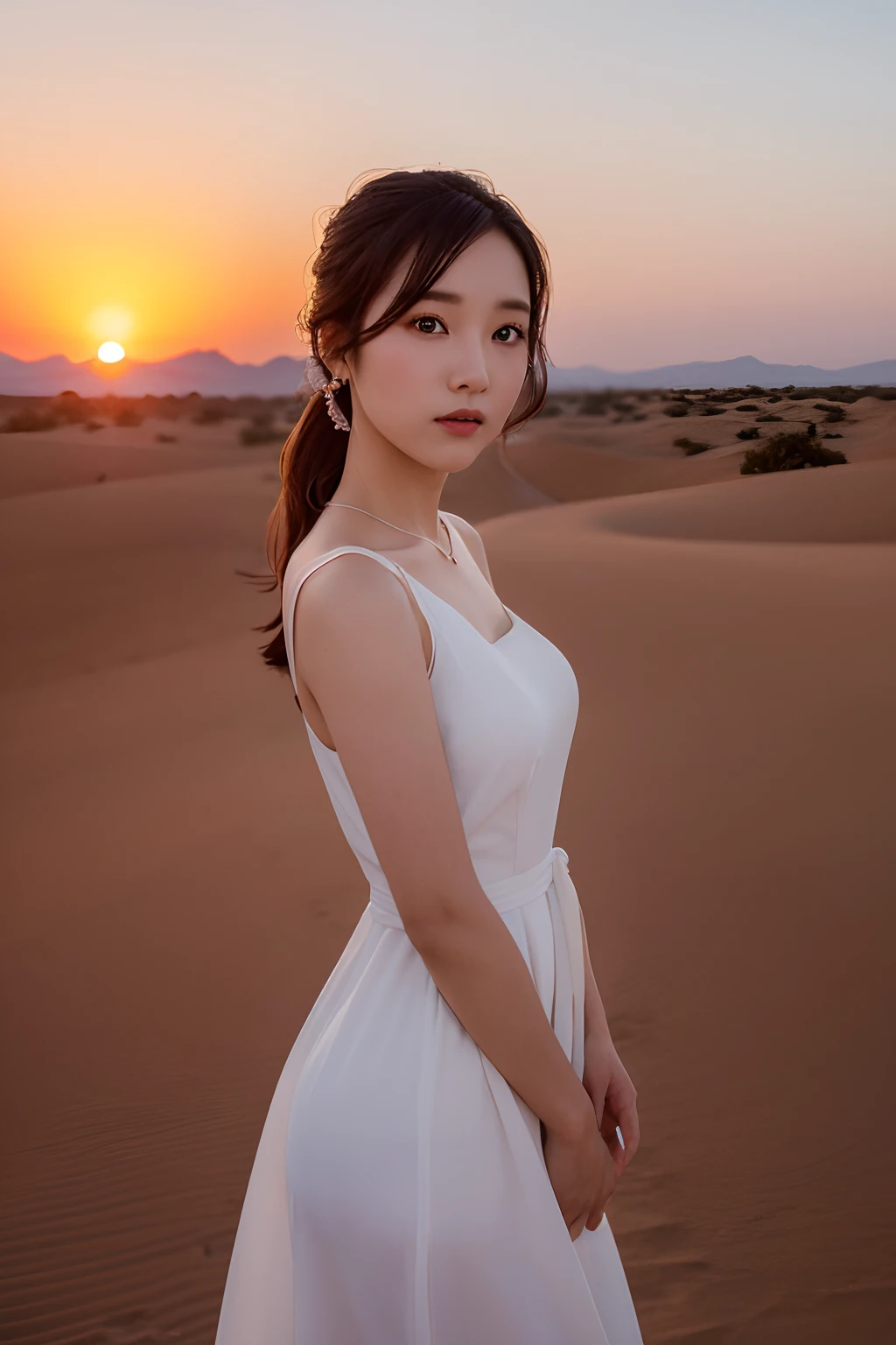 20岁女孩, Bust photo, Wear a white dress, The setting sun is in the background, Jiayuguan, A desert