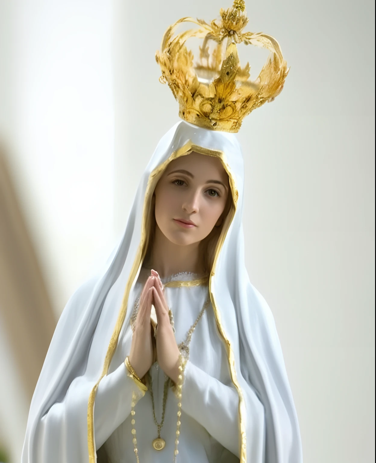a closeup of a statue of a woman with a crown on her head, queen of heaven, Virgem Maria, santo e belo, mary in a sanctuary, majestosa mulher de santo, aura santa, Holy, Catholic, Retrato da Virgem Maria, Beautiful image, padroeiro do ๐ธ๐๐ฉ๐พ, iconografia religiosa, imaculado, 8k)), imagens sagradas