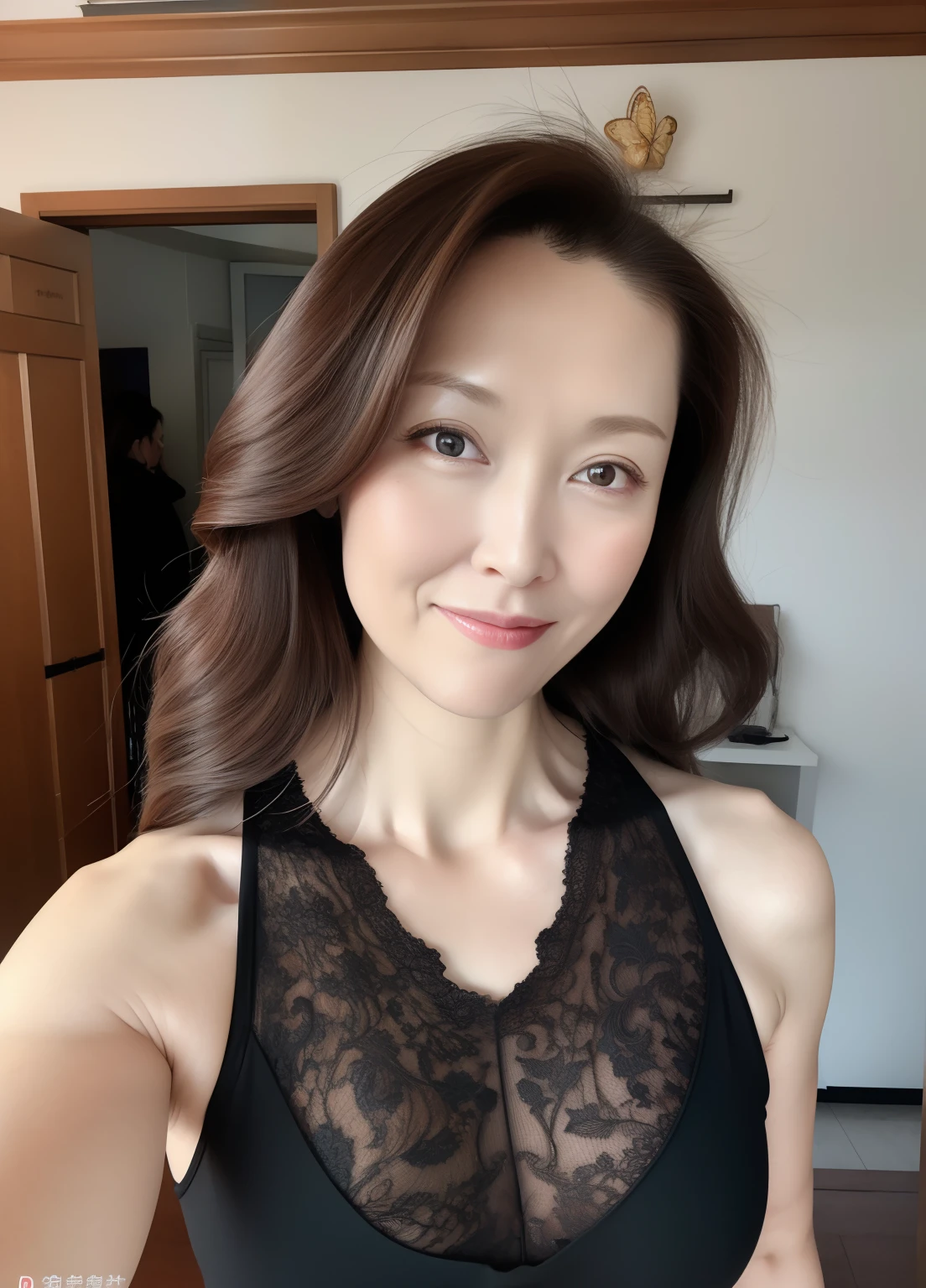 masterpiece,best quality, (one milf), ((portrait:1.5)), ((look down, looking at the viewer)), makeup, elegant black underwear, wavy hair, ((seduction expression, smile:0.3)),