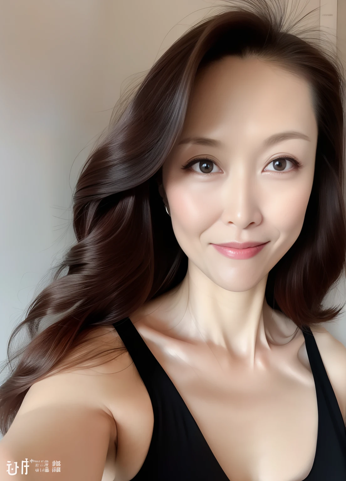 masterpiece,best quality, (one milf), ((portrait:1.5)), ((look down, looking at the viewer)), makeup, elegant black underwear, wavy hair, ((seduction expression, smile:0.3)),