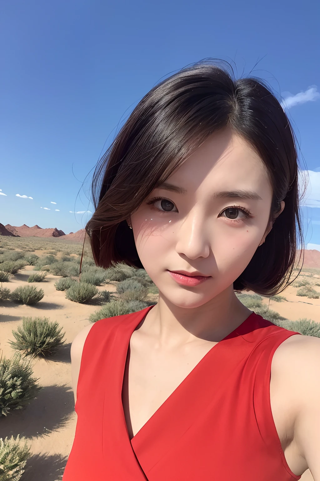 20岁女孩, Bust photo, Wear a red dress, The background is Jiayuguan Blue Sky, A desert