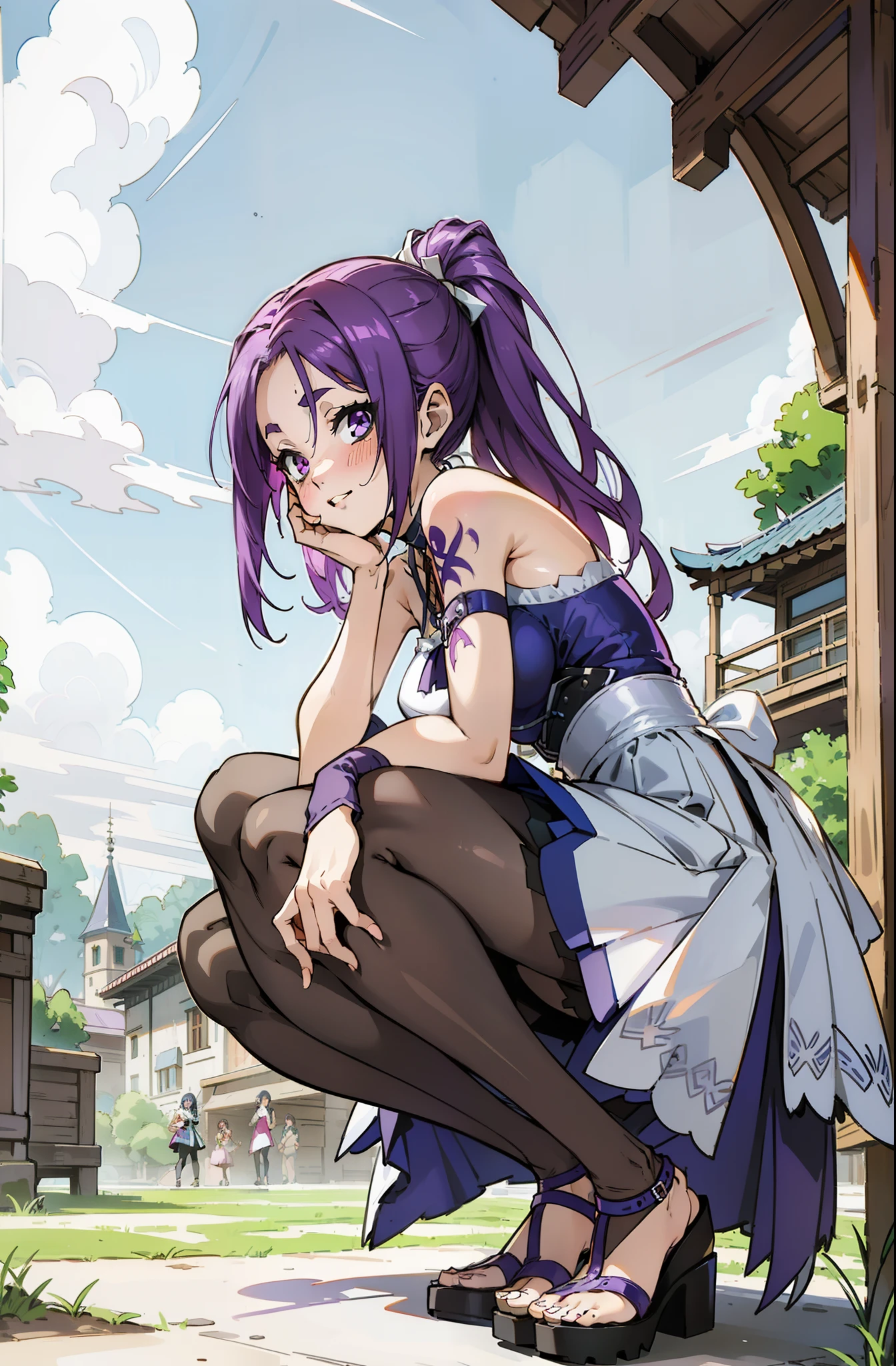 Colorful, Up-close, purple color hair, Ultra-realistic hair quality, Vibrant colors, Young Girl, girl, Beautiful long hair, Shiny hair, detailed hairs, Hair Ribbon, Single-sided up, Reo Mikage, Blue Lock, no sleeves, Sleeveless, Open shoulders, Cinderella, Drawing, Panniers and Cinderella, Cinderella Dresses, Lace dress, long-one-piece dress, White stockings, Stockings, Chest exposure, Lace underwear, Metamorphosis is exposed, buckles, Choker, Black Choker, complete fingers, Five Fingers, Two arms, Two hands, The tattoo, body tattoo, arm tattoos, Blue Rose Tattoo, Tattoo on the wrist, Tattoo on the thigh, Relative area, Sexy breasts, Big breasts, red blush, 1girl in, Solo, Sharp face, Heterochromia, Green eyes, Purple eyes, Bare neck, Happy face, lightsmile, Skirt in dress, Panniers in dresses, masutepiece, Ultra-detailed, Hyper-detailing, Best Quality, Bare legged, Black Leggings, Brown Gladiator Sandals, Scenery of Shanghai, Castles, crouching down