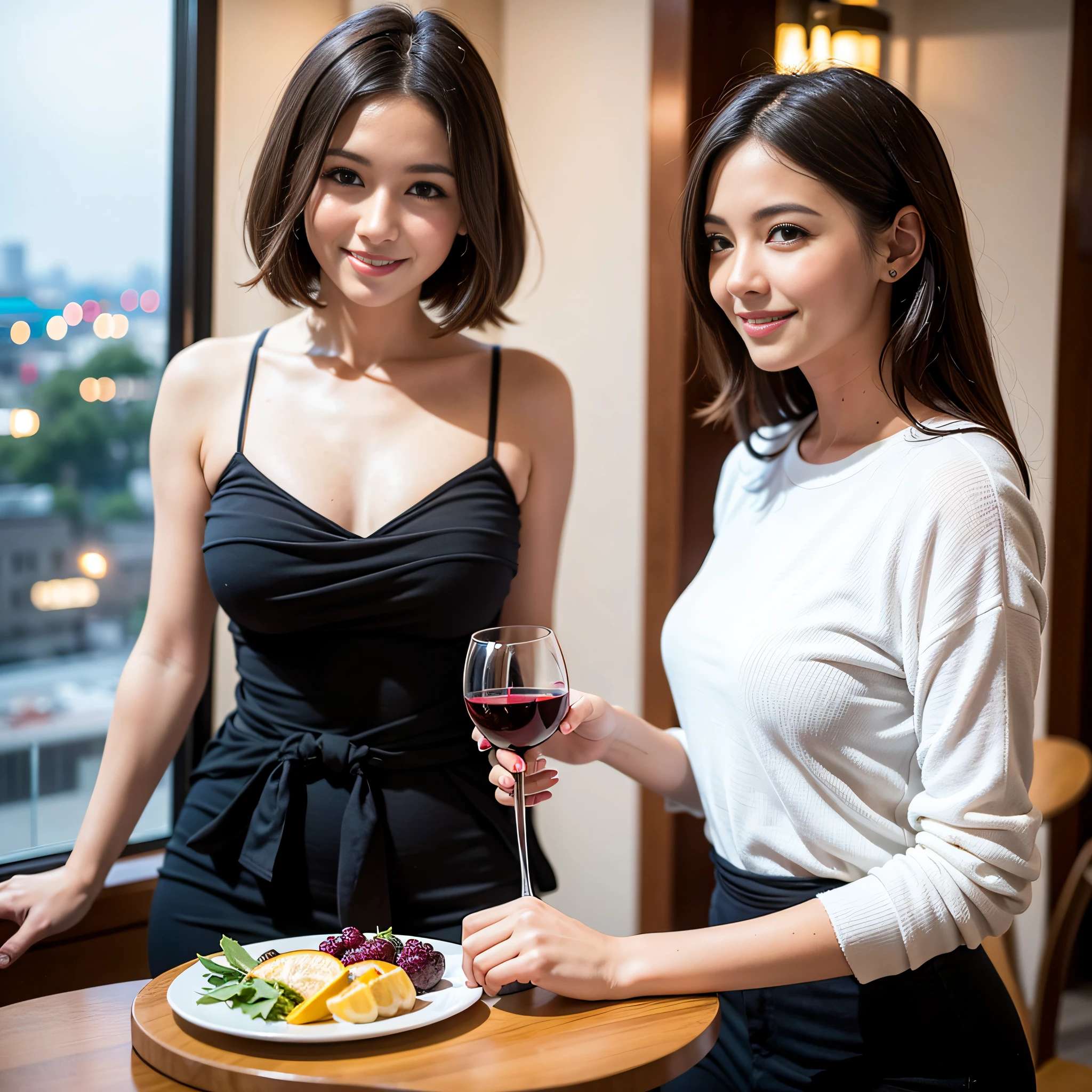 (64K, UHD, top quality, masterpiece: 1.2), (realistic, photorealistic: 1.37), super detailed, pretty woman 1 person, (slim face), (slim body), (brown hair), (short cut), cheeks slightly blushing, (44 years old), 38 years old, solo, beautiful detailed urban night view outside the window, restaurant, wine glasses sit, at night, in a prominent placeNovaFrogStyle, Actress, Model, Waist Up, White Wine, Slim, Wine Glass, Super Clean Night View, Wine Glass Put in the Middle, Happy Smile, (Smile: 1.15), Beautiful Fine Eyes, Upper Body, Bust Japan Up, Night, Short, Short, Actress, Model, Waist Up, White Wine, Slim, Wine Glass, Super Clean Night View, Wine Glass Put in the Middle, Happy Smile,